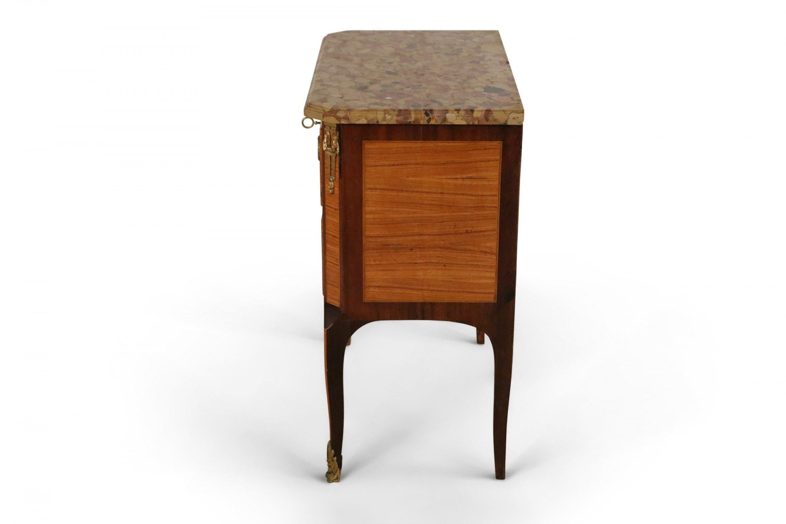 Louis XVI Style 19th Century Parquetry, Bronze, and Beige Marble Commode In Good Condition For Sale In New York, NY