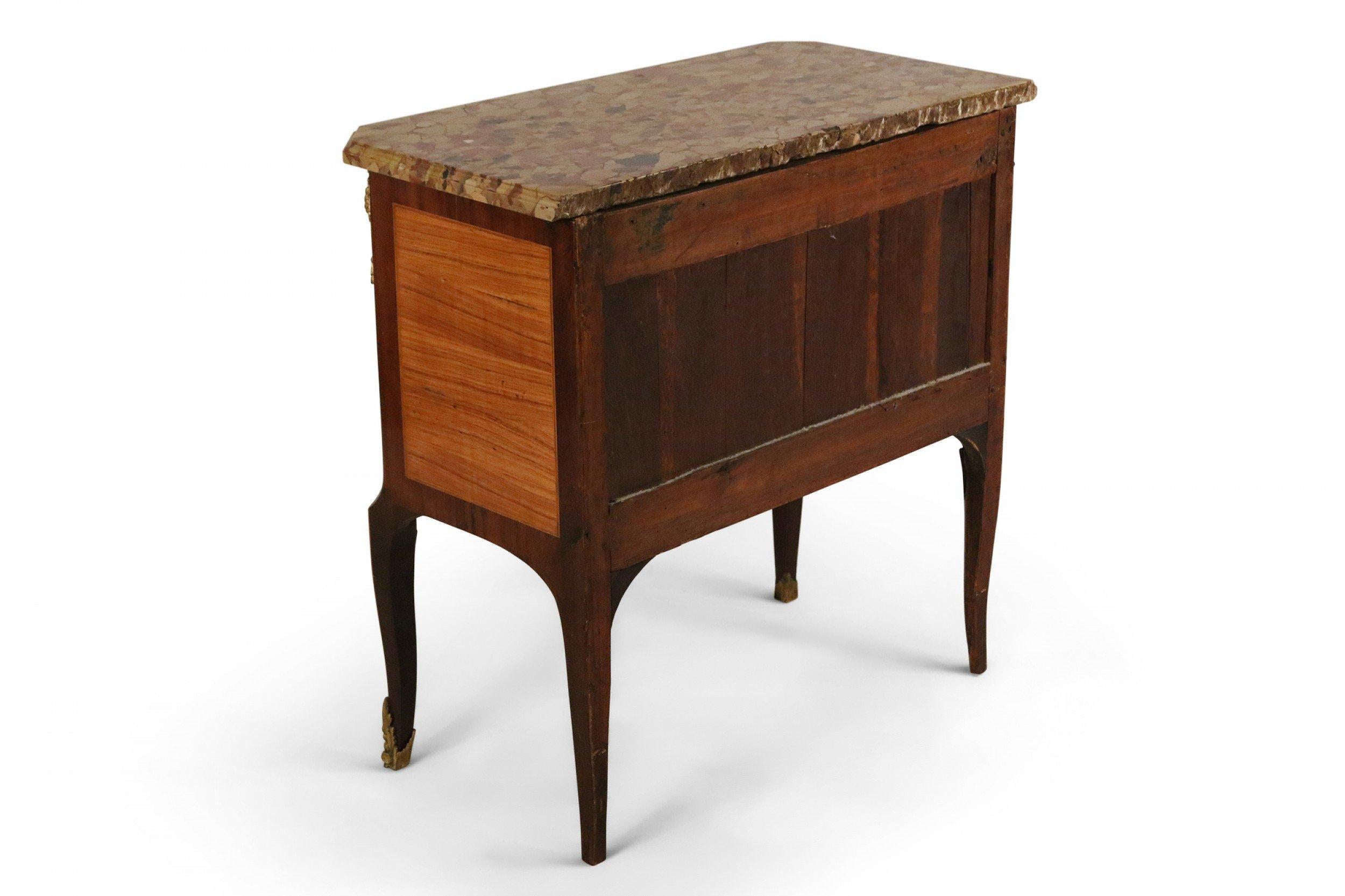 Louis XVI Style 19th Century Parquetry, Bronze, and Beige Marble Commode For Sale 1