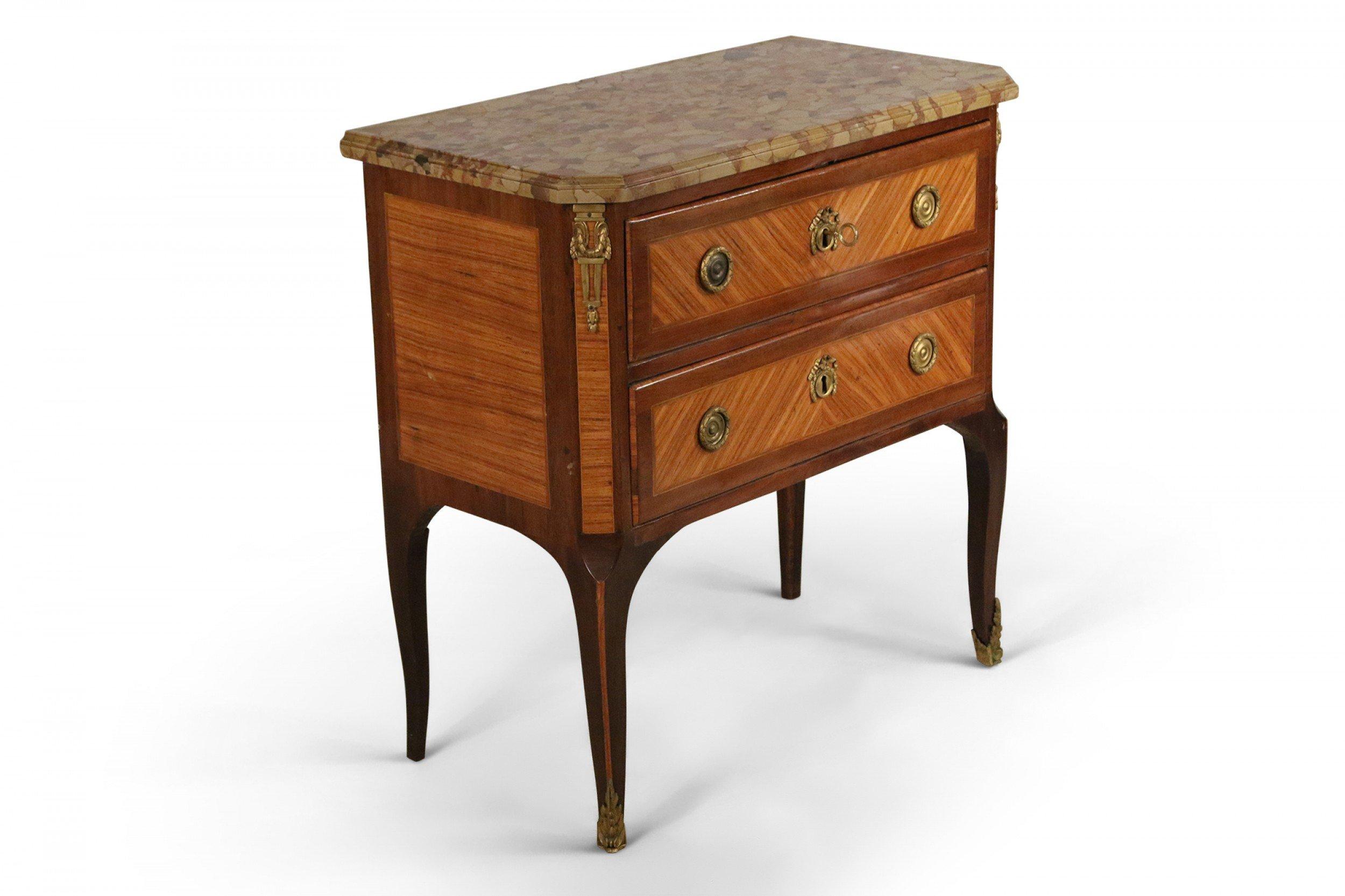 Louis XVI Style 19th Century Parquetry, Bronze, and Beige Marble Commode For Sale 3