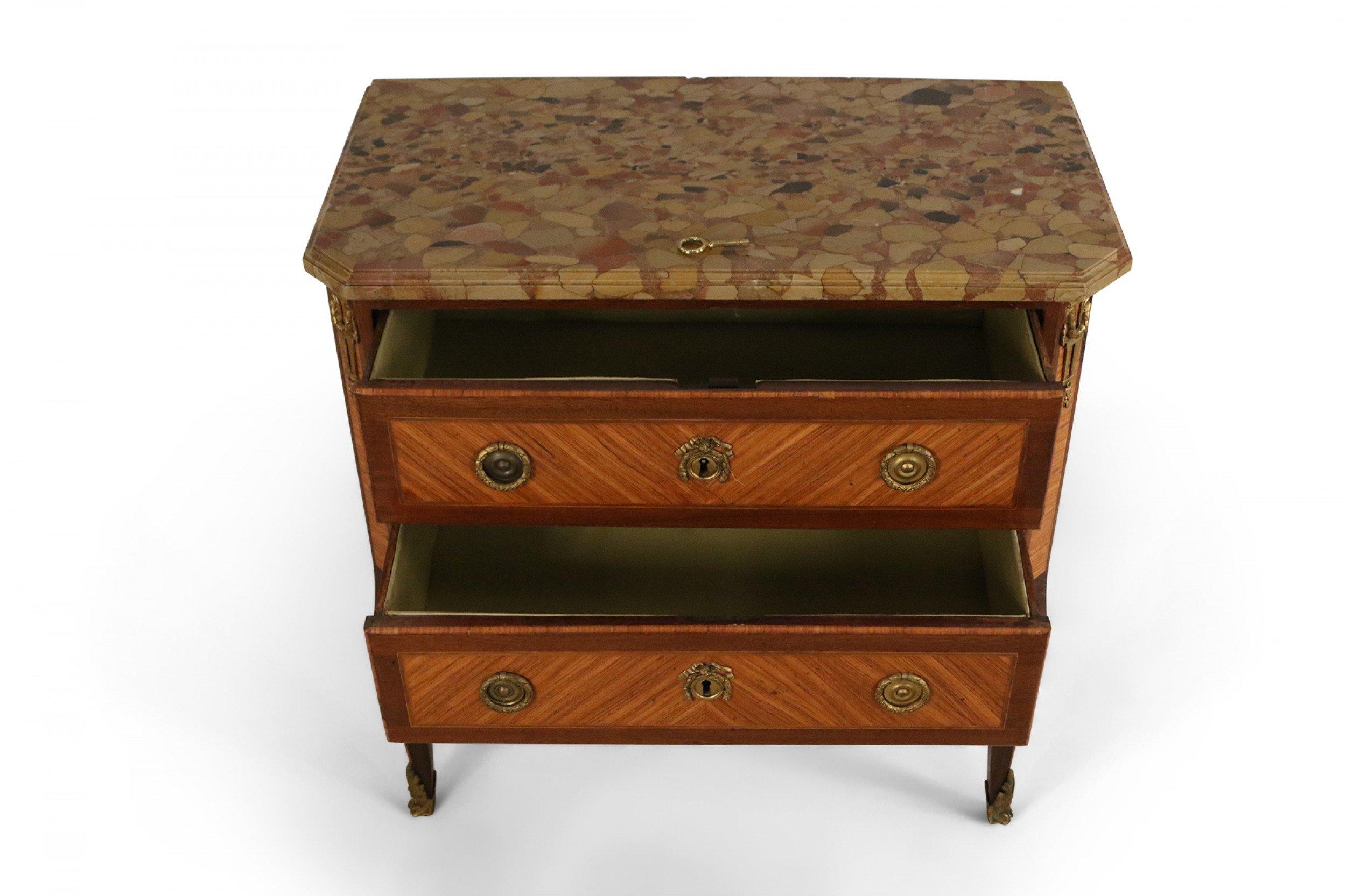 Louis XVI Style 19th Century Parquetry, Bronze, and Beige Marble Commode For Sale 4