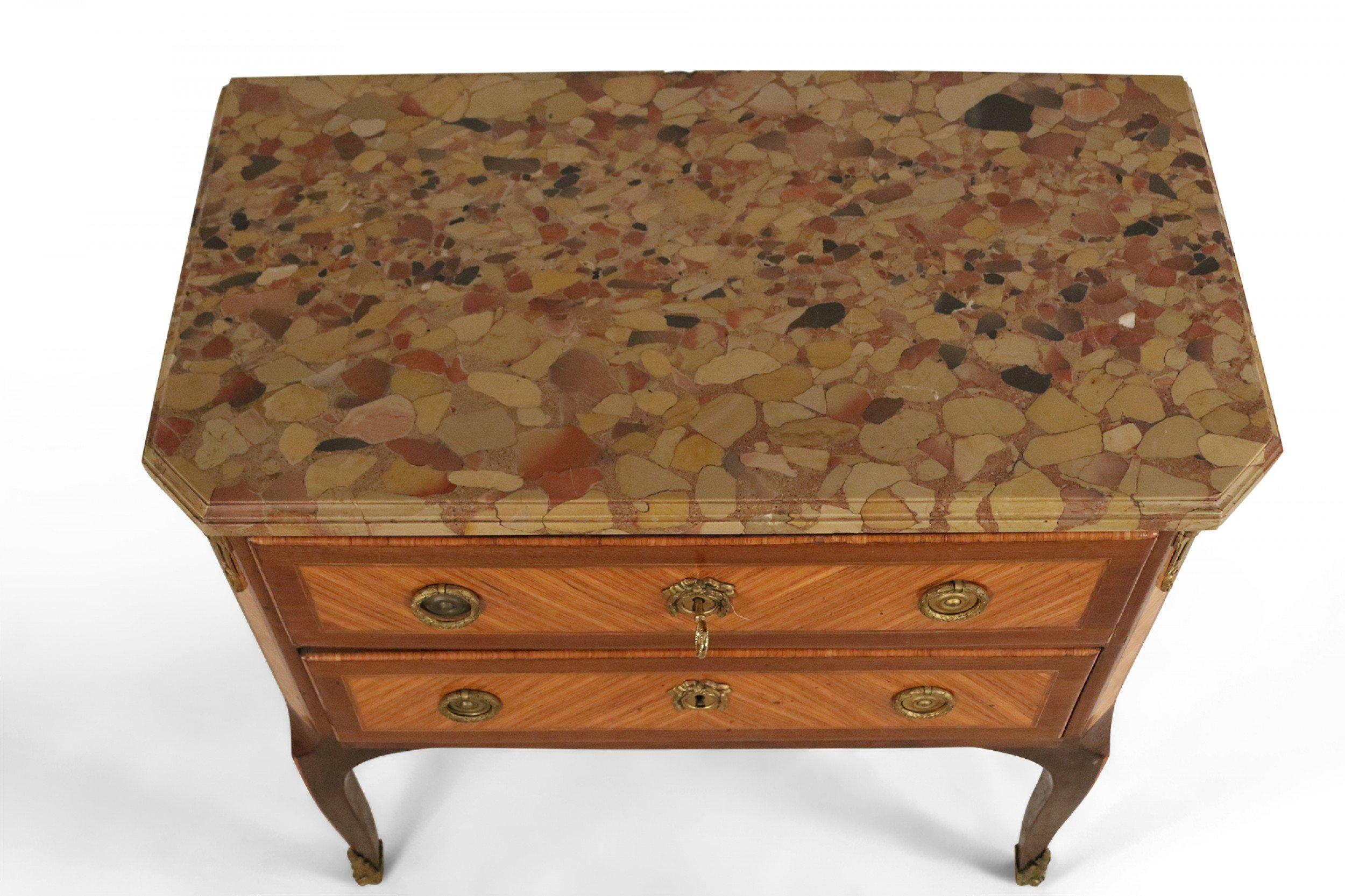 Louis XVI Style 19th Century Parquetry, Bronze, and Beige Marble Commode For Sale 5