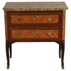 Louis XVI Style 19th Century Parquetry, Bronze, and Beige Marble Commode
