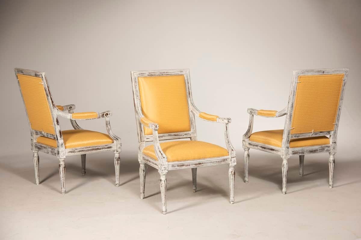 Italian Louis XVI Style 3 Distressed Armchairs For Sale
