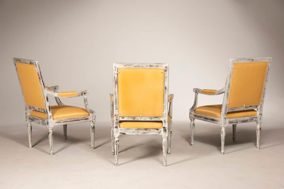 20th Century Louis XVI Style 3 Distressed Armchairs For Sale