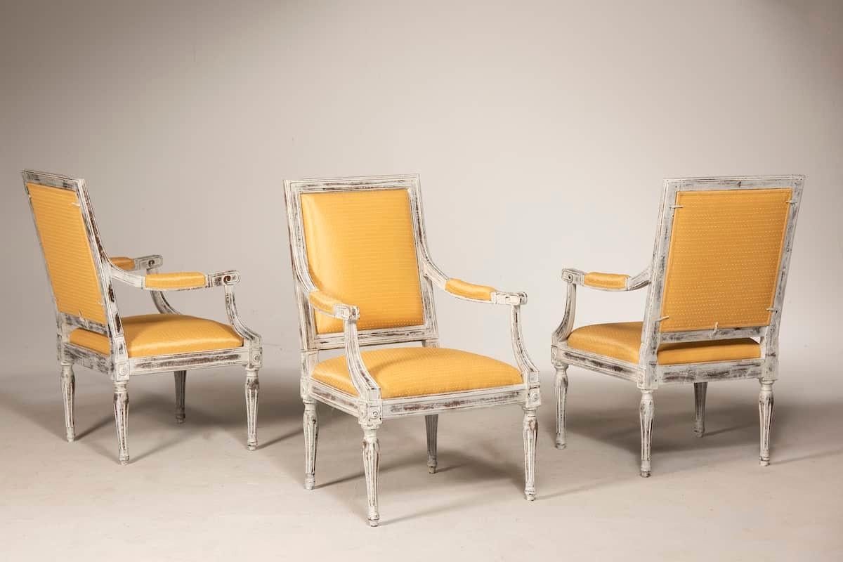 Wood Louis XVI Style 3 Distressed Armchairs For Sale