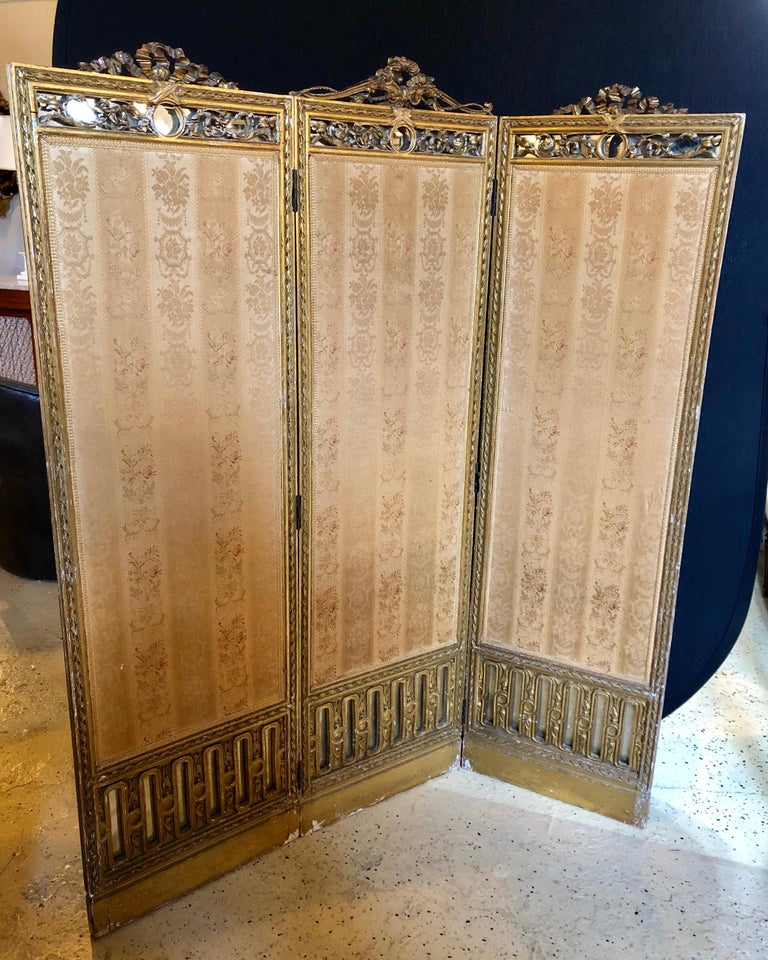 Louis XVI style 3-panel folding screen / room divider with French tapestry.