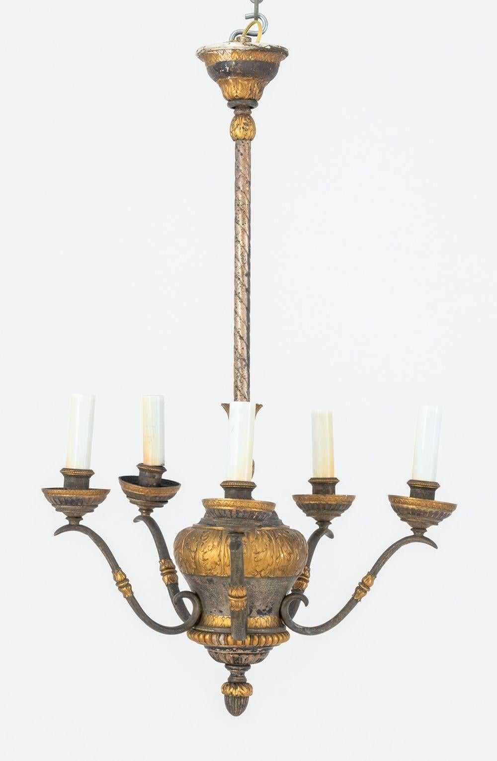 Louis XVI Style Five-Branch Silvered and Gilt Bronze Chandelier. 35.5