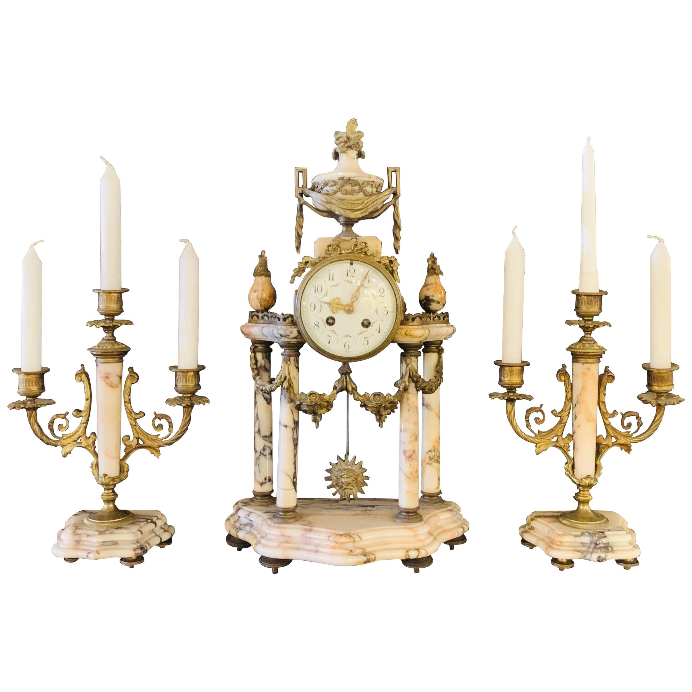 Louis XVI Style Alabaster and Bronze Clock Garniture Set 19th-Early 20th Century