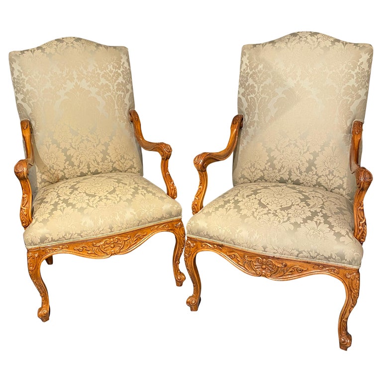 Louis XVI Style Antique Arm, Throne Chairs Finely Upholstered a Pair For Sale