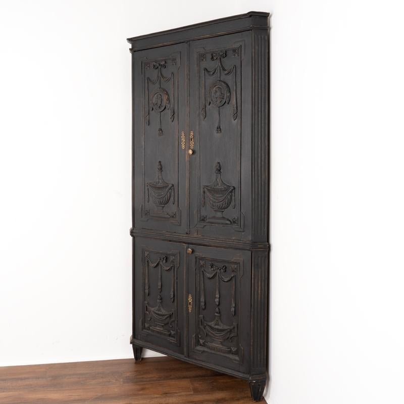 19th Century Louis XVI Style Antique Black Painted Corner Cabinet from France