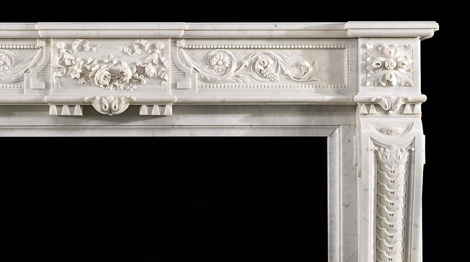 French Louis XVI Style Antique Chimneypiece in Carrara Marble