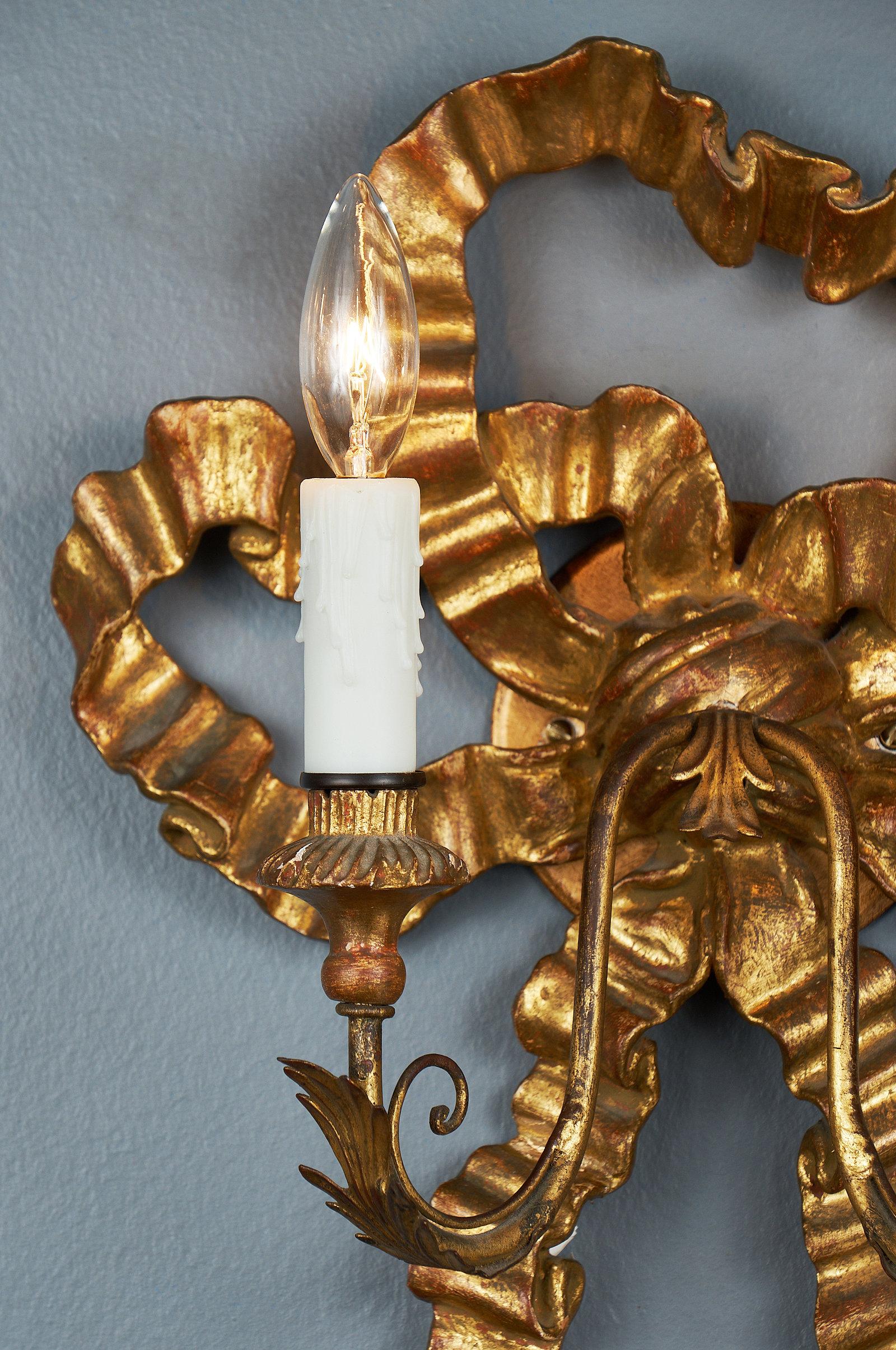 French Louis XVI Style Antique Gold Bow Sconces