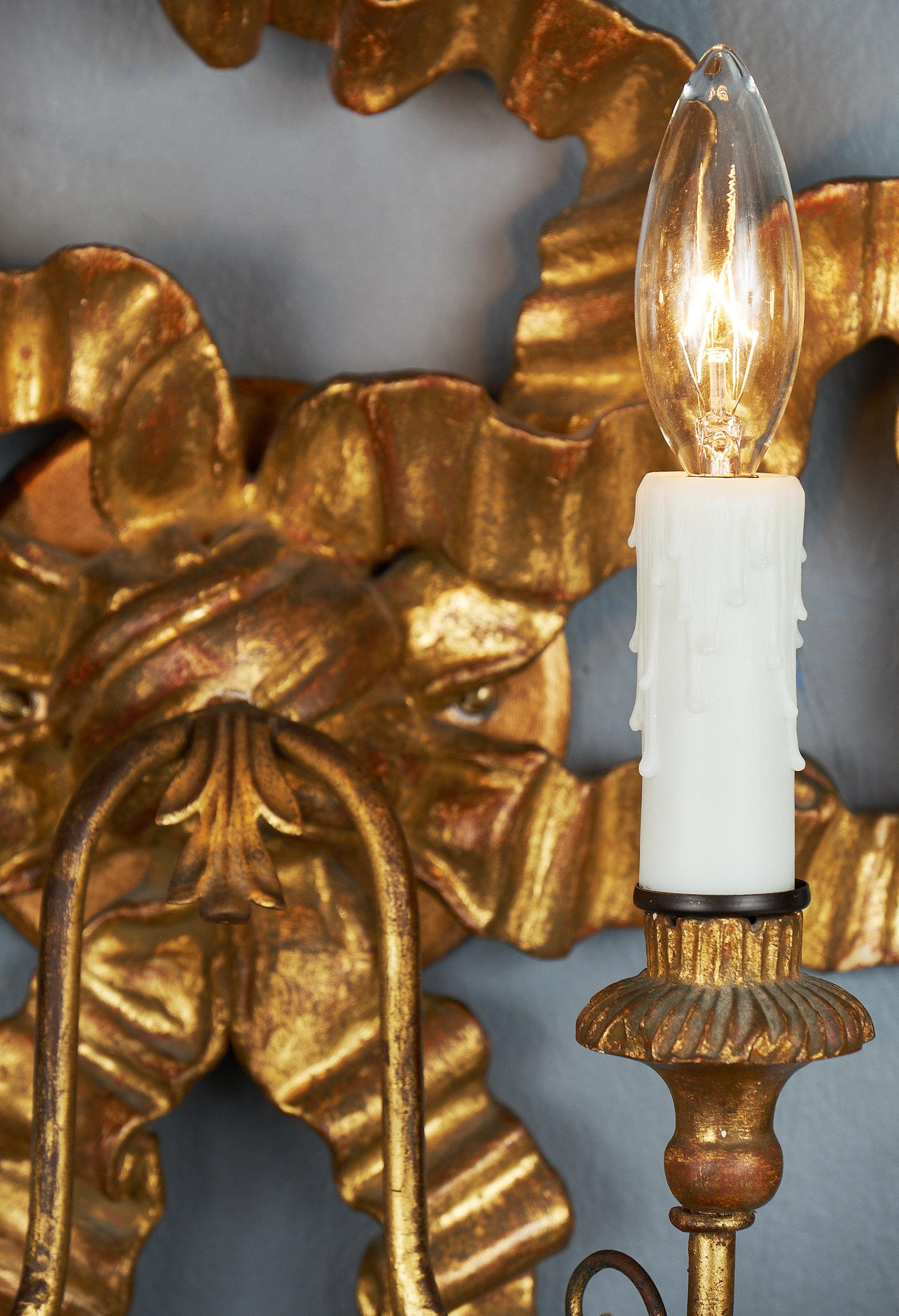 Late 19th Century Louis XVI Style Antique Gold Bow Sconces