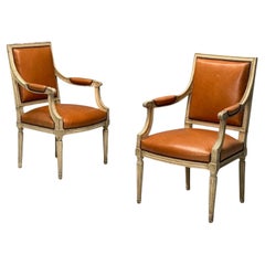 Louis XVI Style, Arm Chairs, Distressed Wood, Cognac Leather, France, 1950s