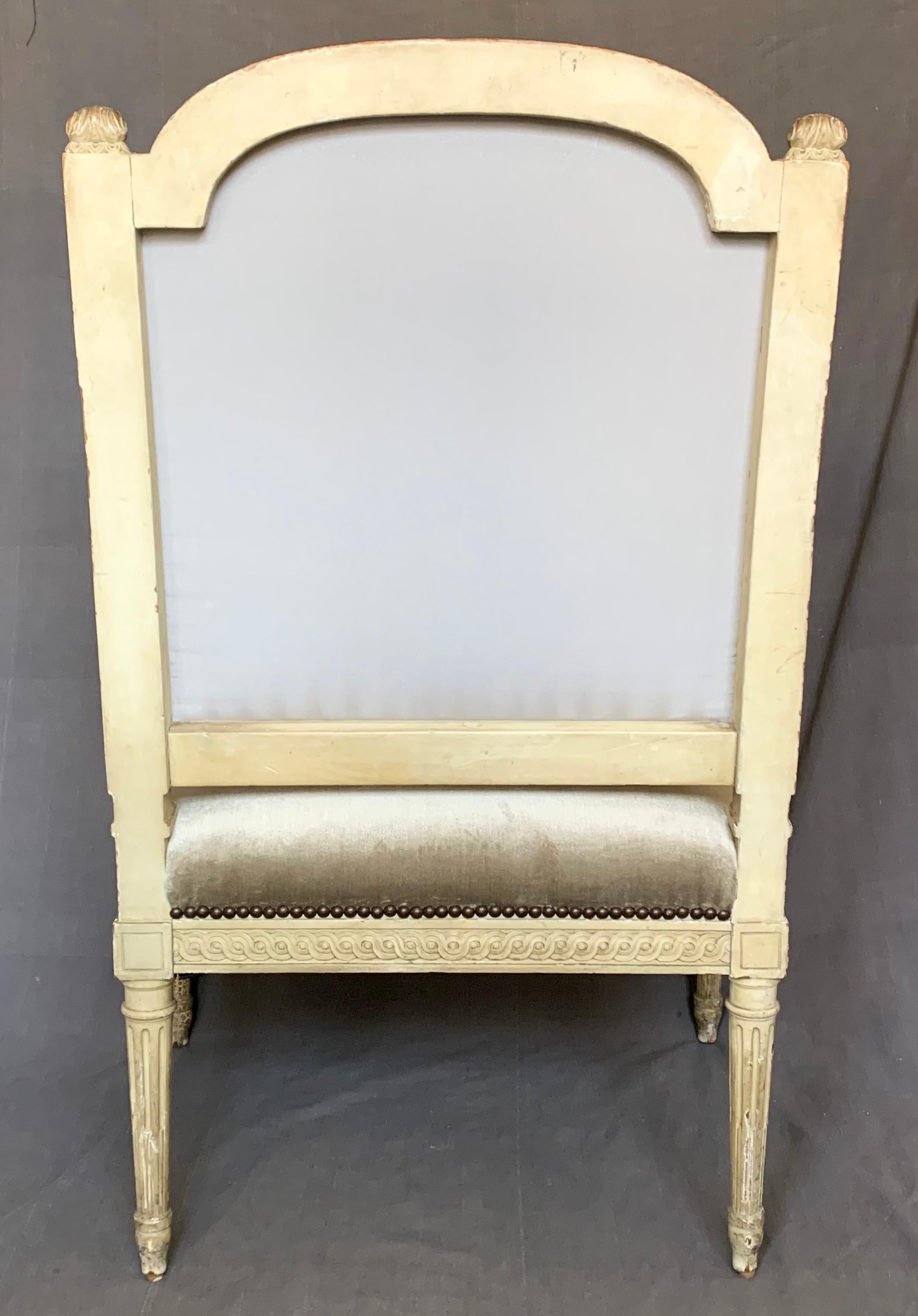 Carved Louis XVI Style Armchair in Camel Silk Velvet For Sale