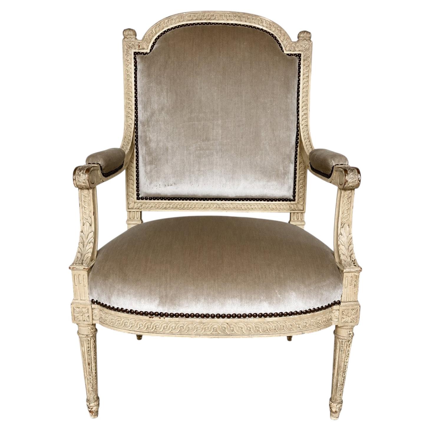 Vintage Louis XVI Style Armchair in Carved Wood and Camel Silk Velvet