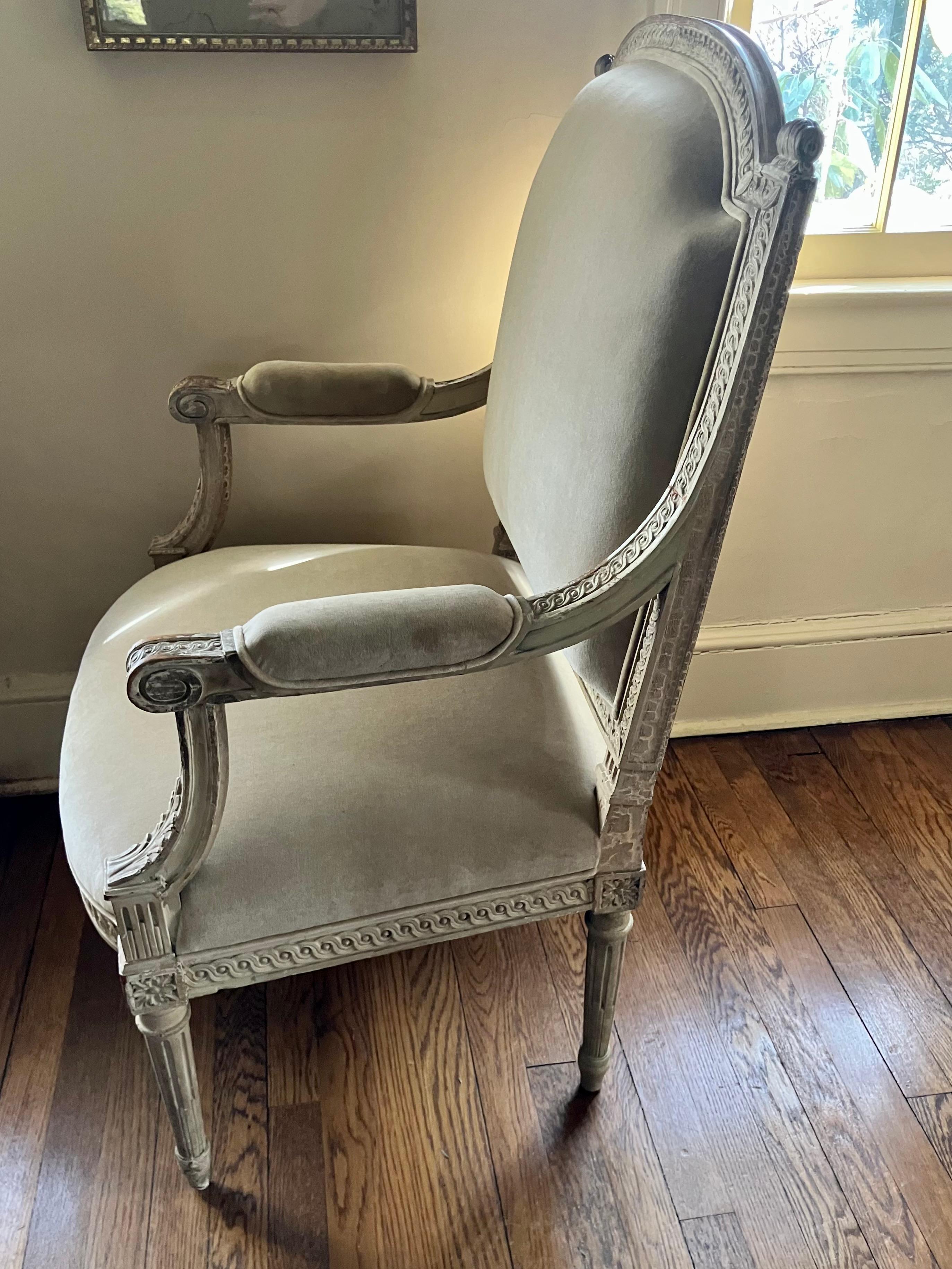 European Louis XVI Style Armchair in Cotton Velvet For Sale