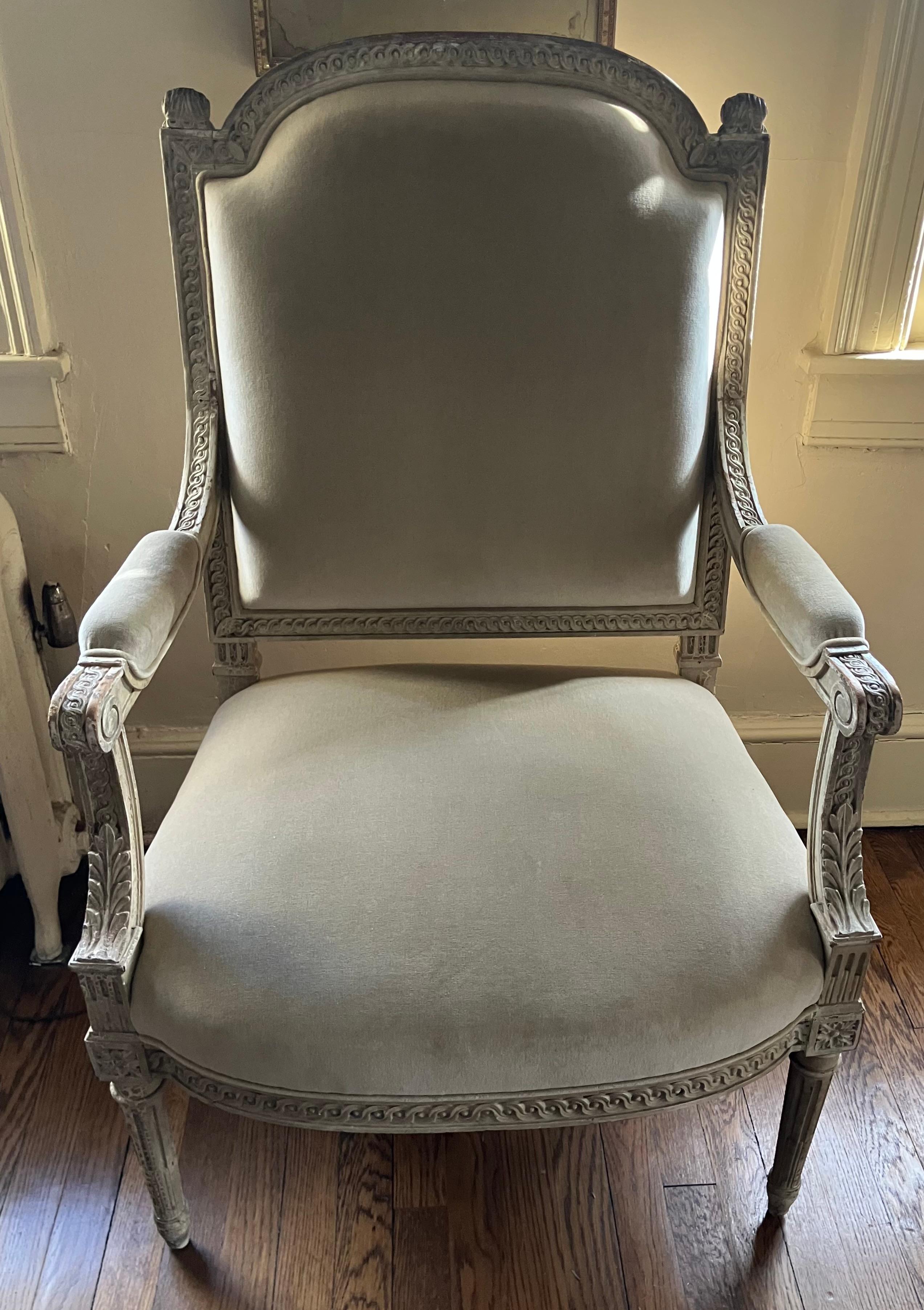 Carved Louis XVI Style Armchair in Cotton Velvet For Sale
