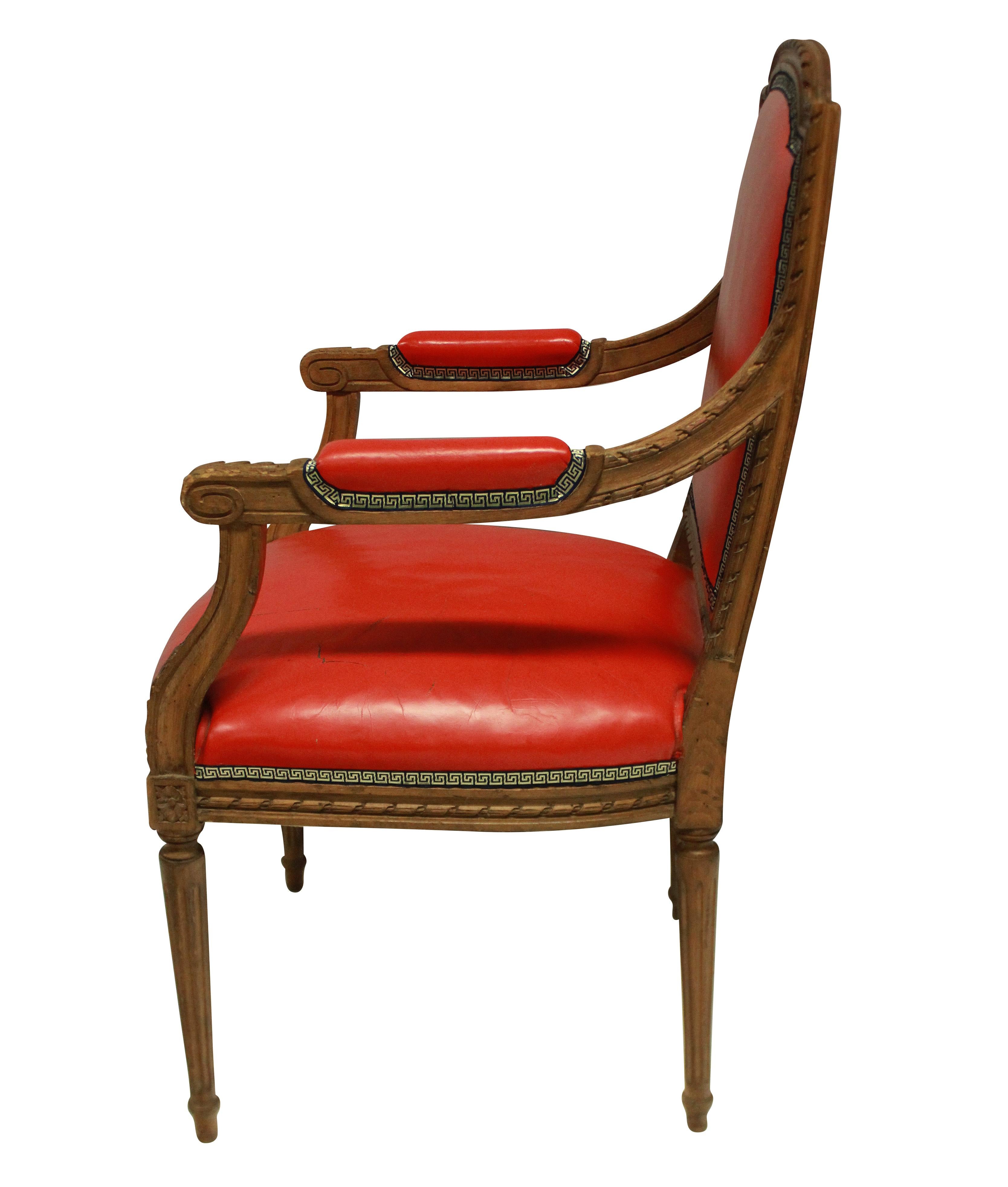 French Louis XVI Style Armchair in Tomato Red Leather