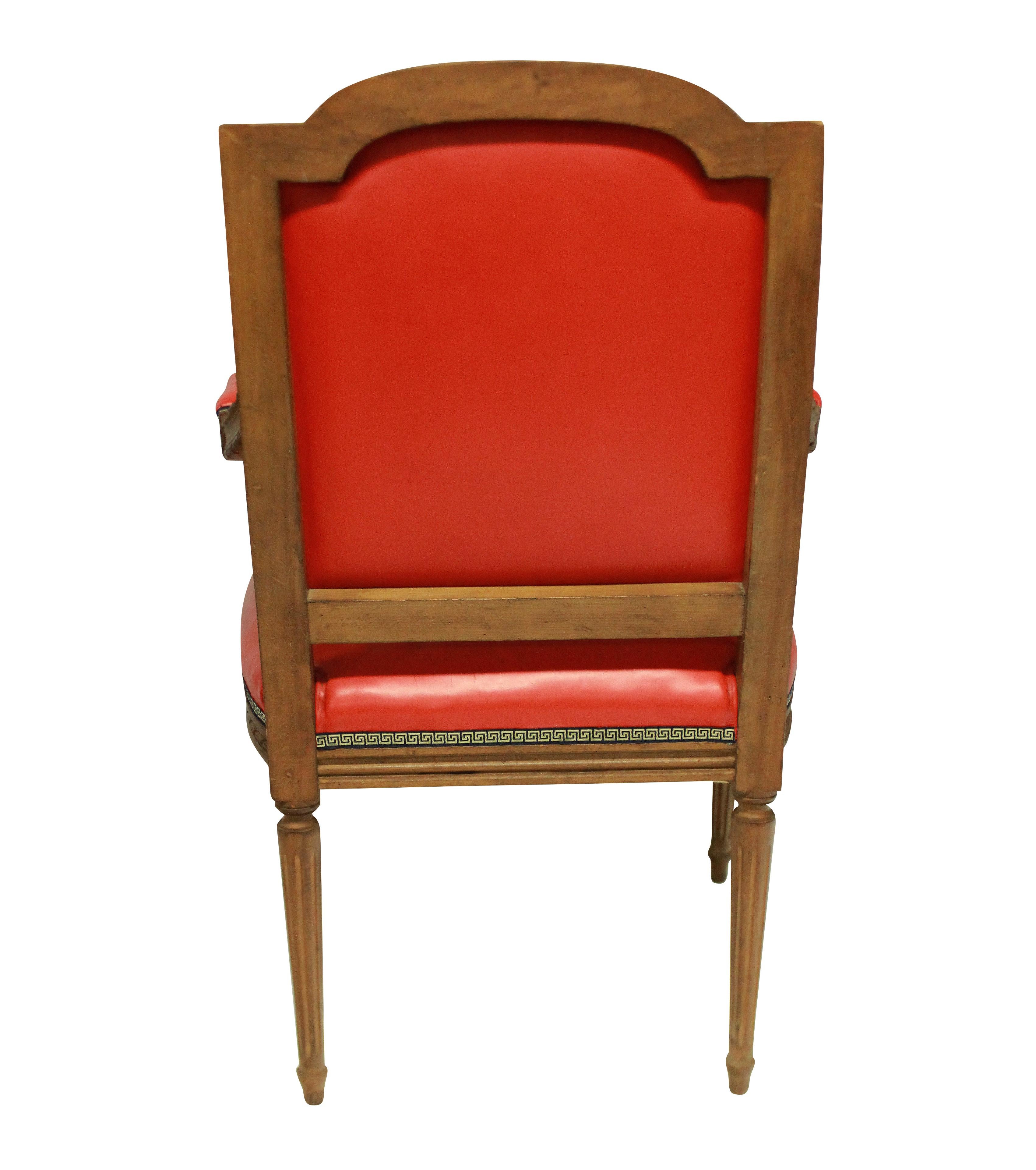 Louis XVI Style Armchair in Tomato Red Leather In Good Condition In London, GB