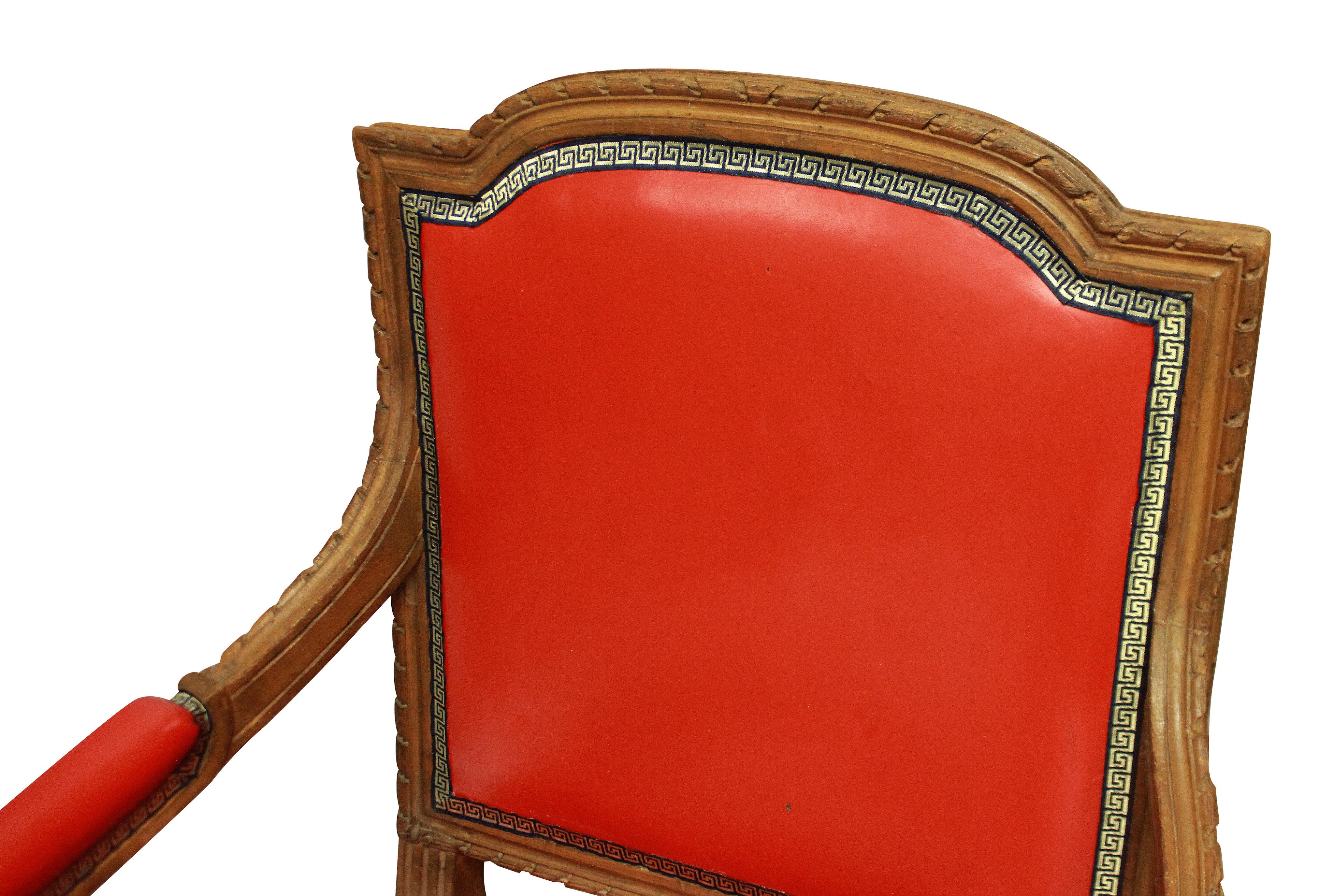 Mid-20th Century Louis XVI Style Armchair in Tomato Red Leather