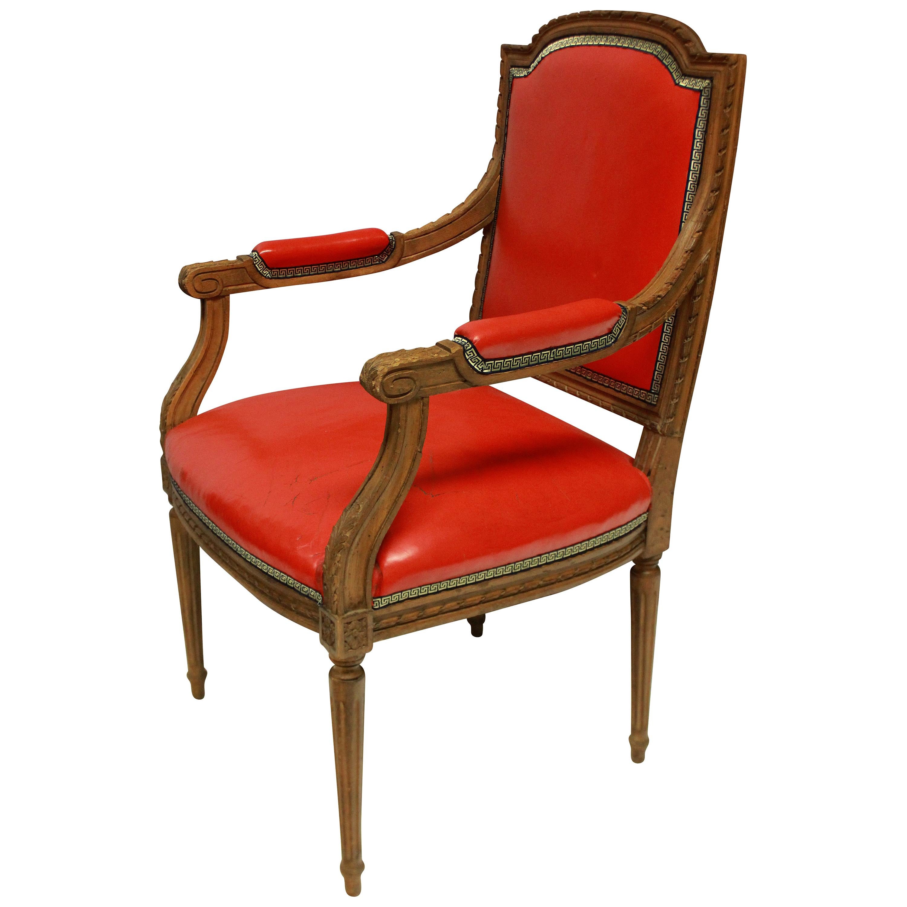 Louis XVI Style Armchair in Tomato Red Leather