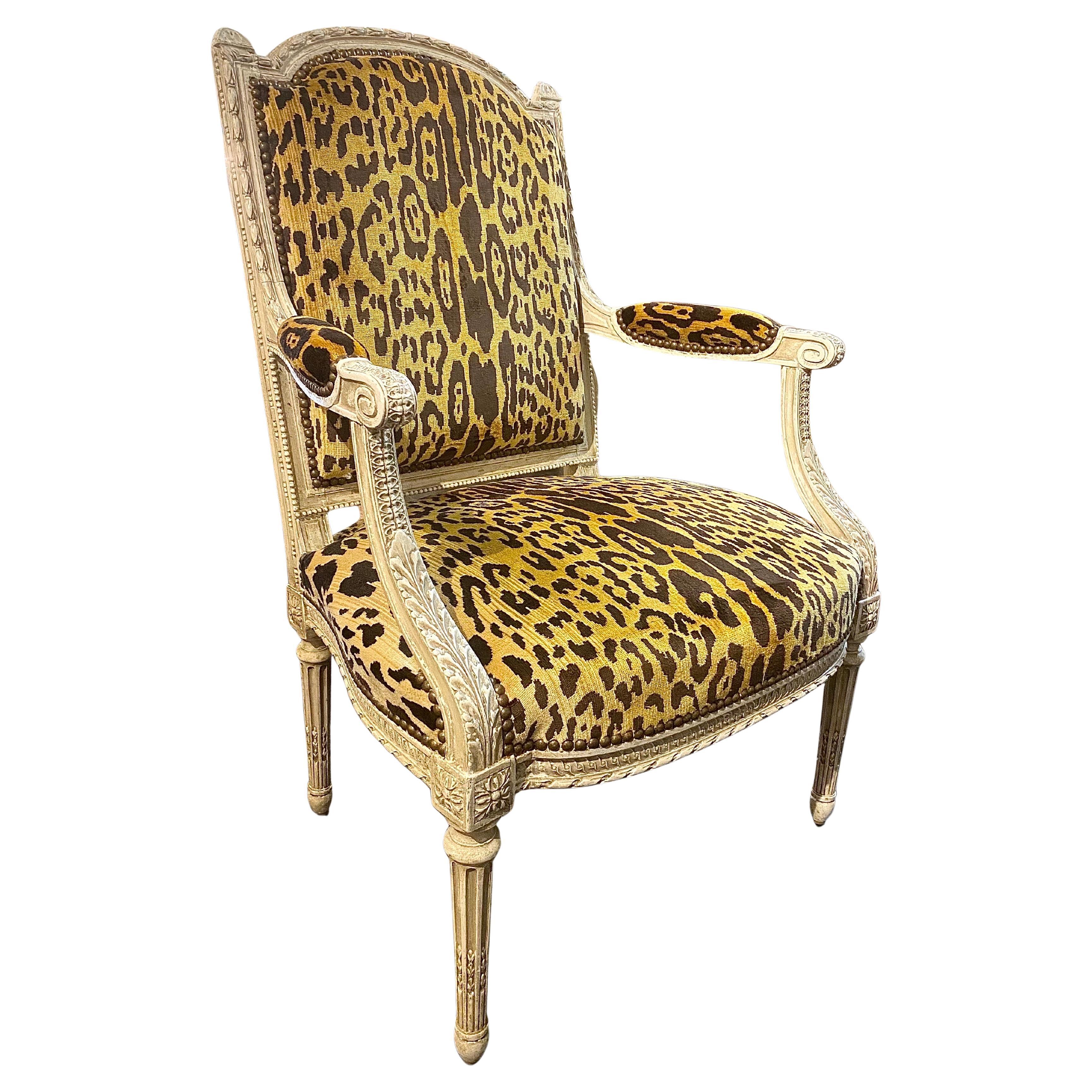 Louis XVI Style Armchair, Leopard Silk Velvet, in the Style of Maison Jansen
