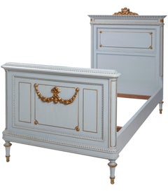 Louis XVI Style Bedroom Set, Two Beds, Nightstands, Painted Light Blue, Gold