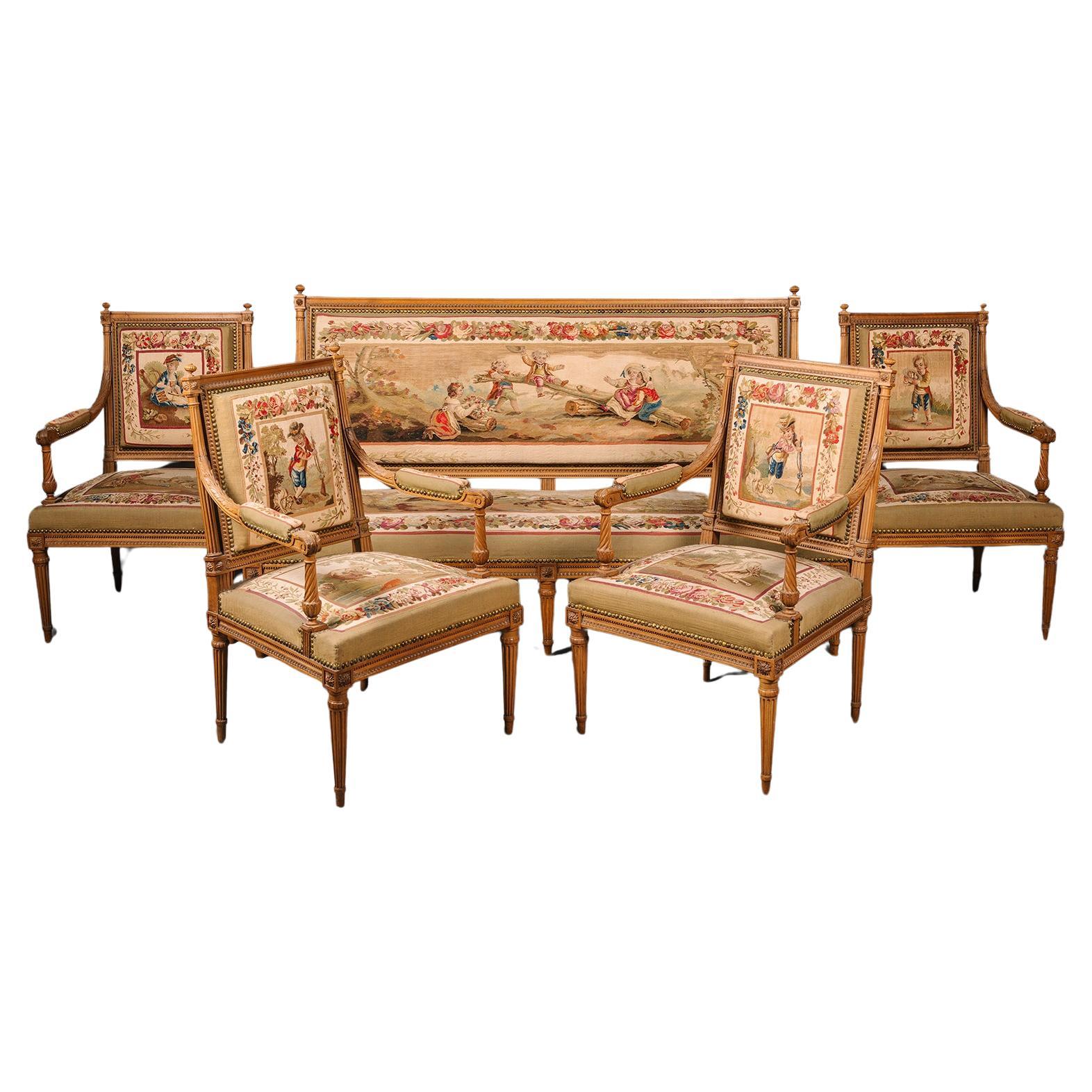 Suite de salon de cinq pièces de style Louis XVI en bois de hêtre et tapisserie d'Aubusson en vente