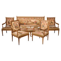Suite de salon de cinq pièces de style Louis XVI en bois de hêtre et tapisserie d'Aubusson