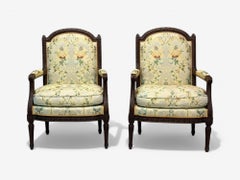 Louis XVI Style, Beechwood, Floral Fabric, Bergere Chairs, France, 1940s