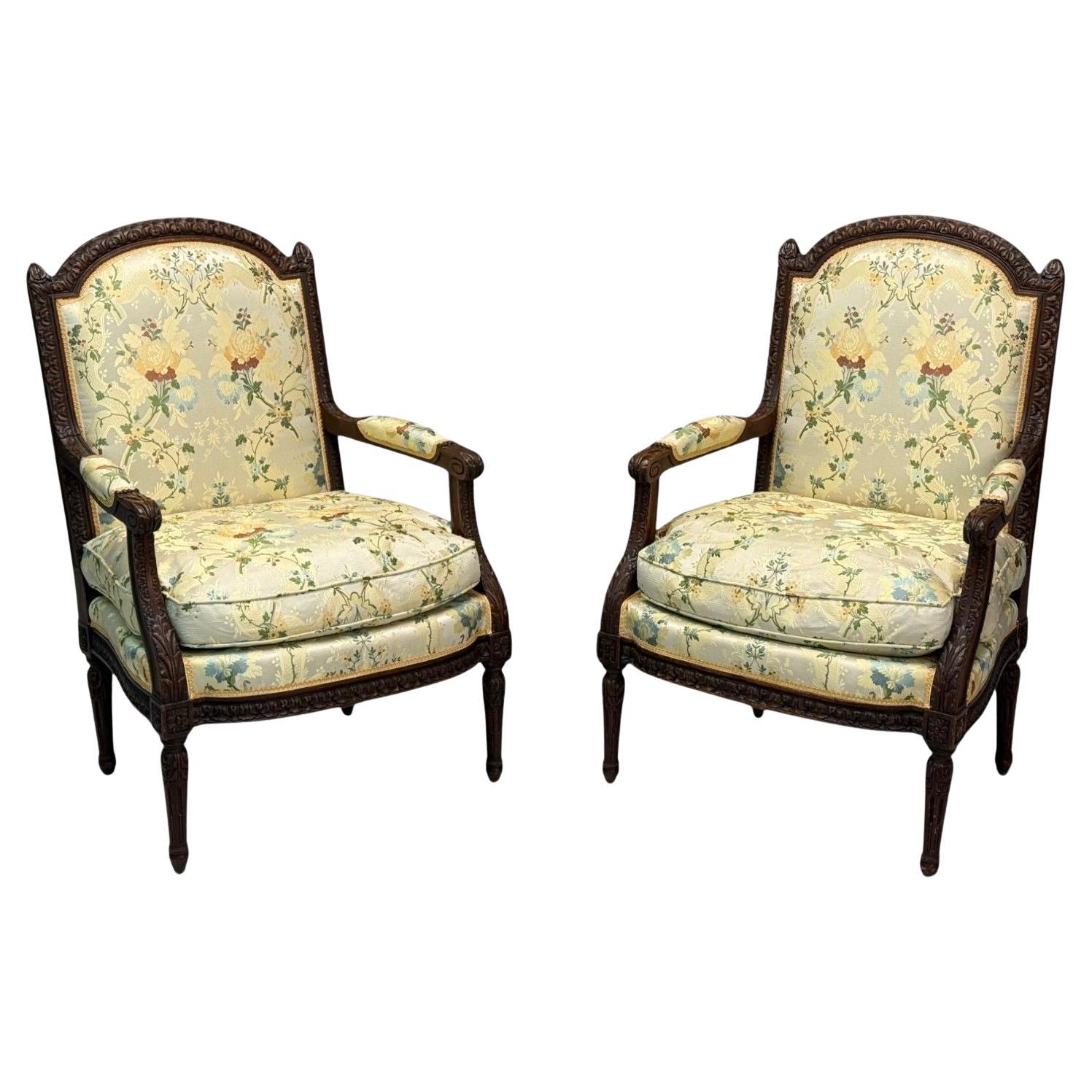 Louis XVI Style, Beechwood, Floral Fabric, Bergere Chairs, France, 1940s