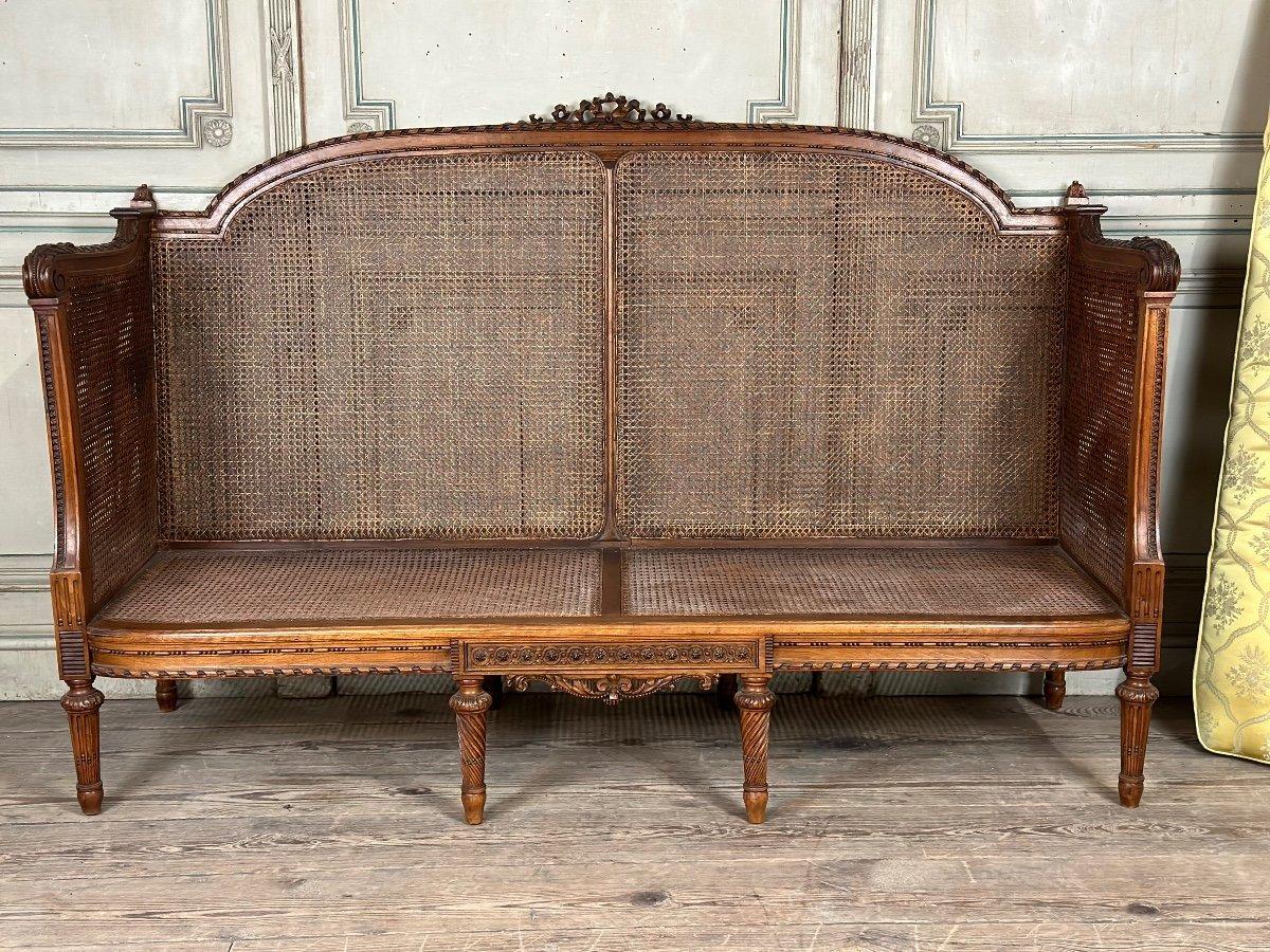 Fabric Louis XVI Style Bench In Finely Carved Walnut For Sale