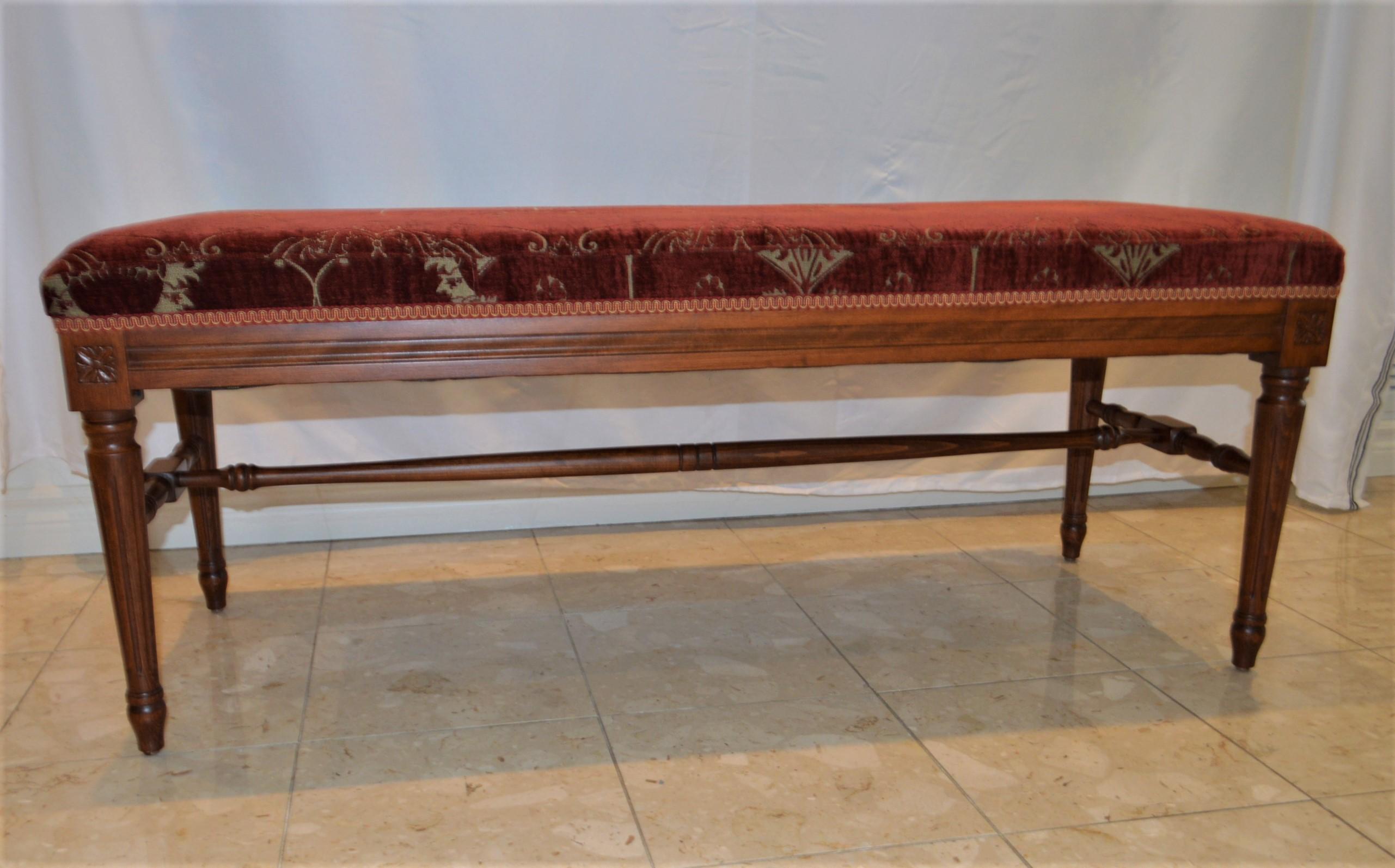 Louis XVI style bench upholstered with a red antique chenille fabric. In Good Condition In Oakville, ON