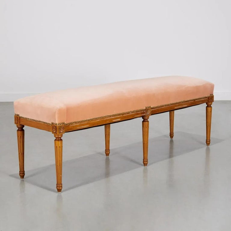 Louis XVI Style Bench with Apricot Velvet Upholstery and Carved Fluted Legs For Sale at 1stDibs