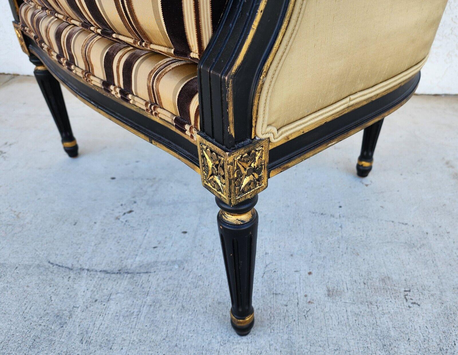 Offering one of our recent Palm Beach Estate Fine Furniture Acquisitions of a 
Louis XVI Style Bergere armchair by Century furniture
Sides and back are silk. Seat and inside are velvet.

Approximate Measurements in Inches
41