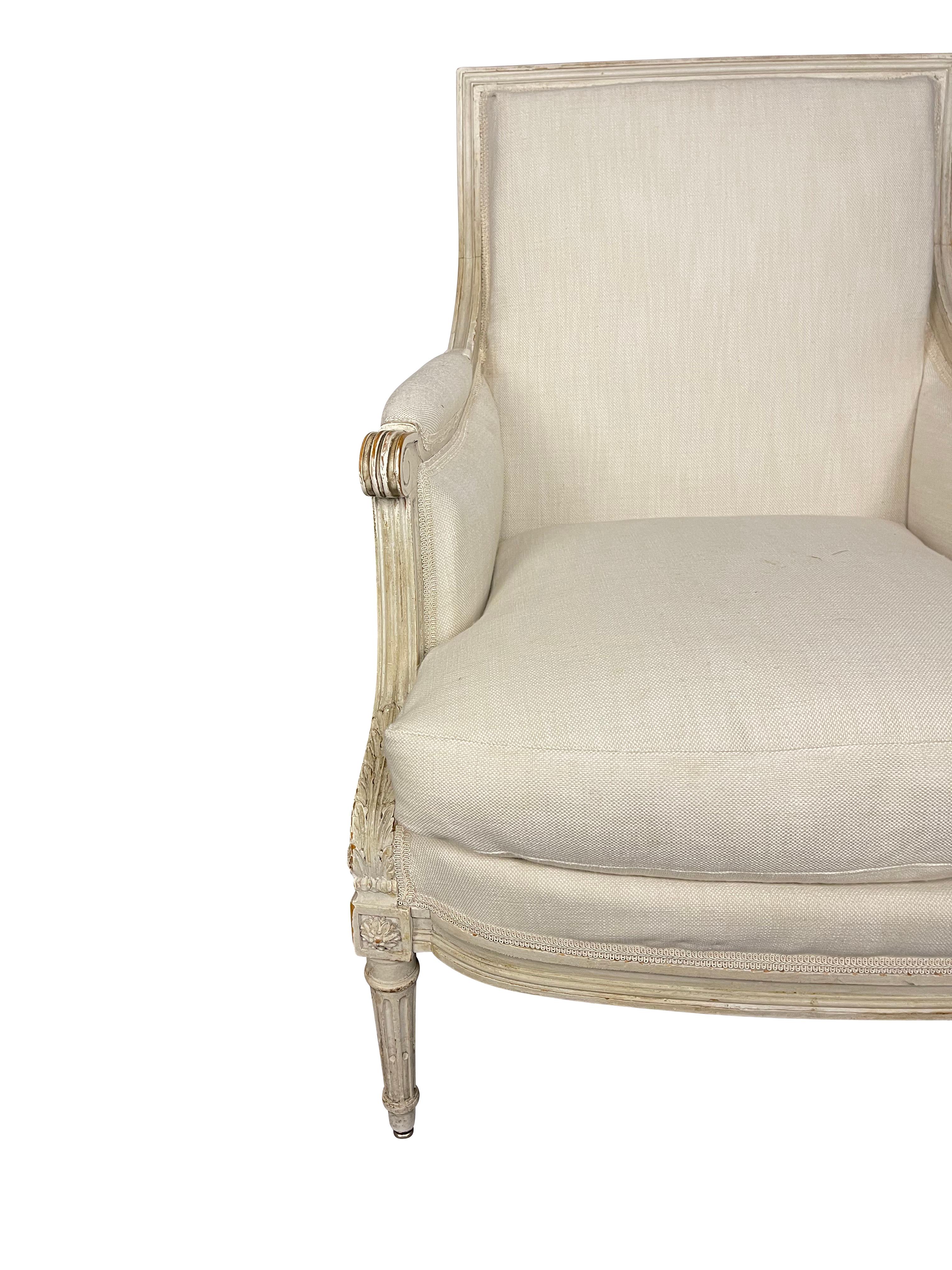 Hand-Carved Louis XVI Style Bergere Chair with Linen 