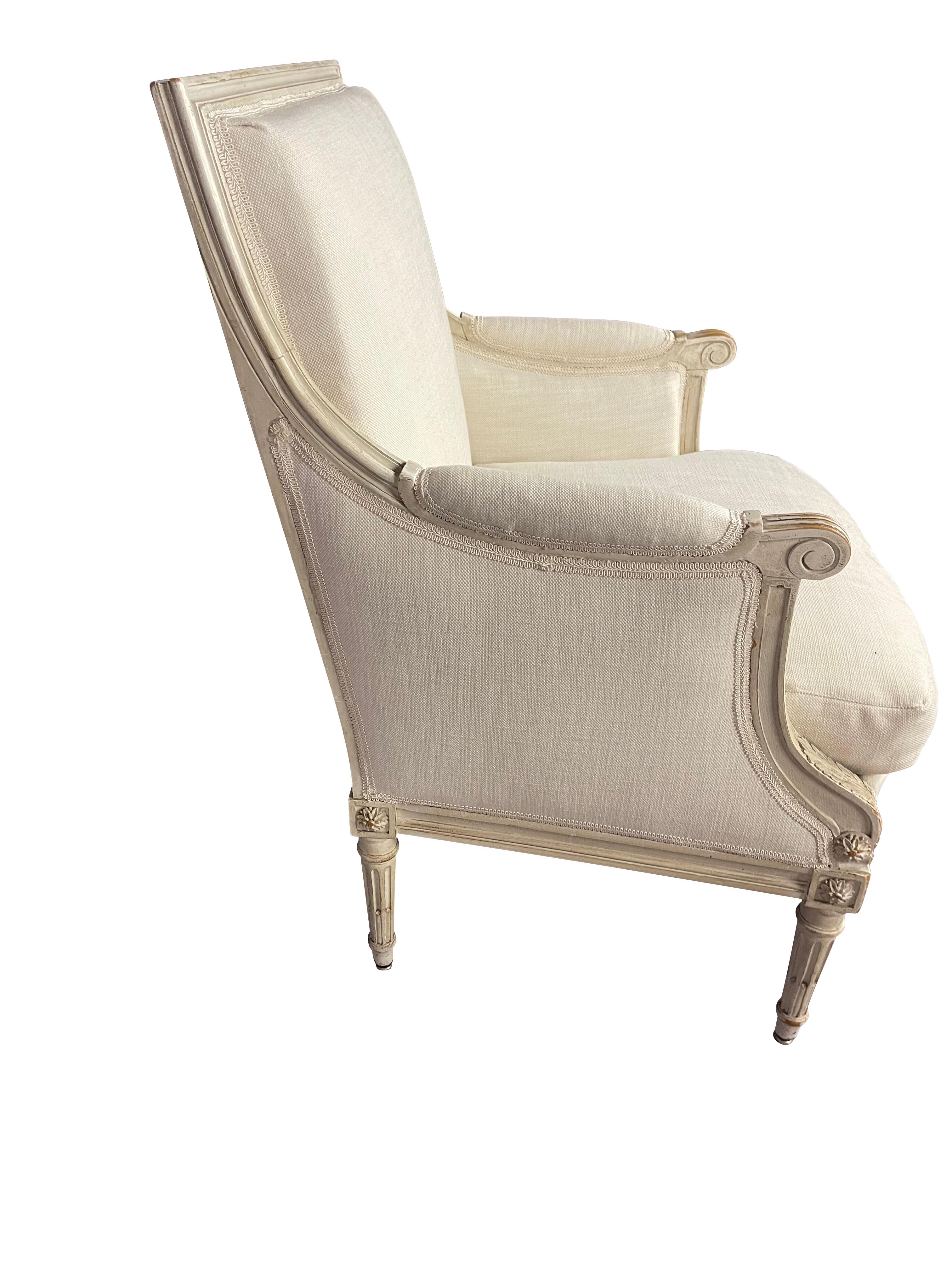 Wood Louis XVI Style Bergere Chair with Linen 
