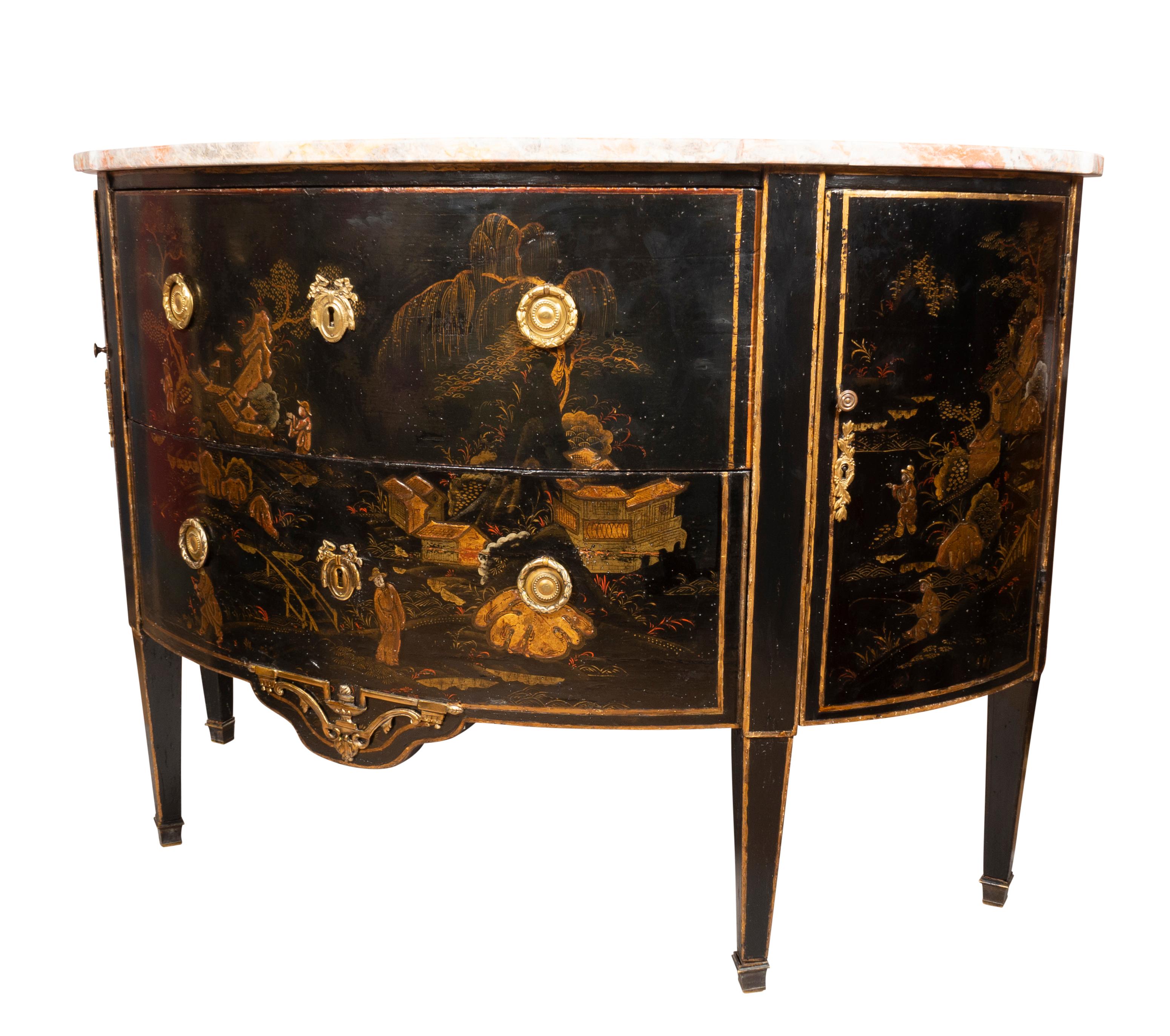 Louis XVI Style Black and Gold Japanned Chinoiserie Demilune Commode For Sale 4