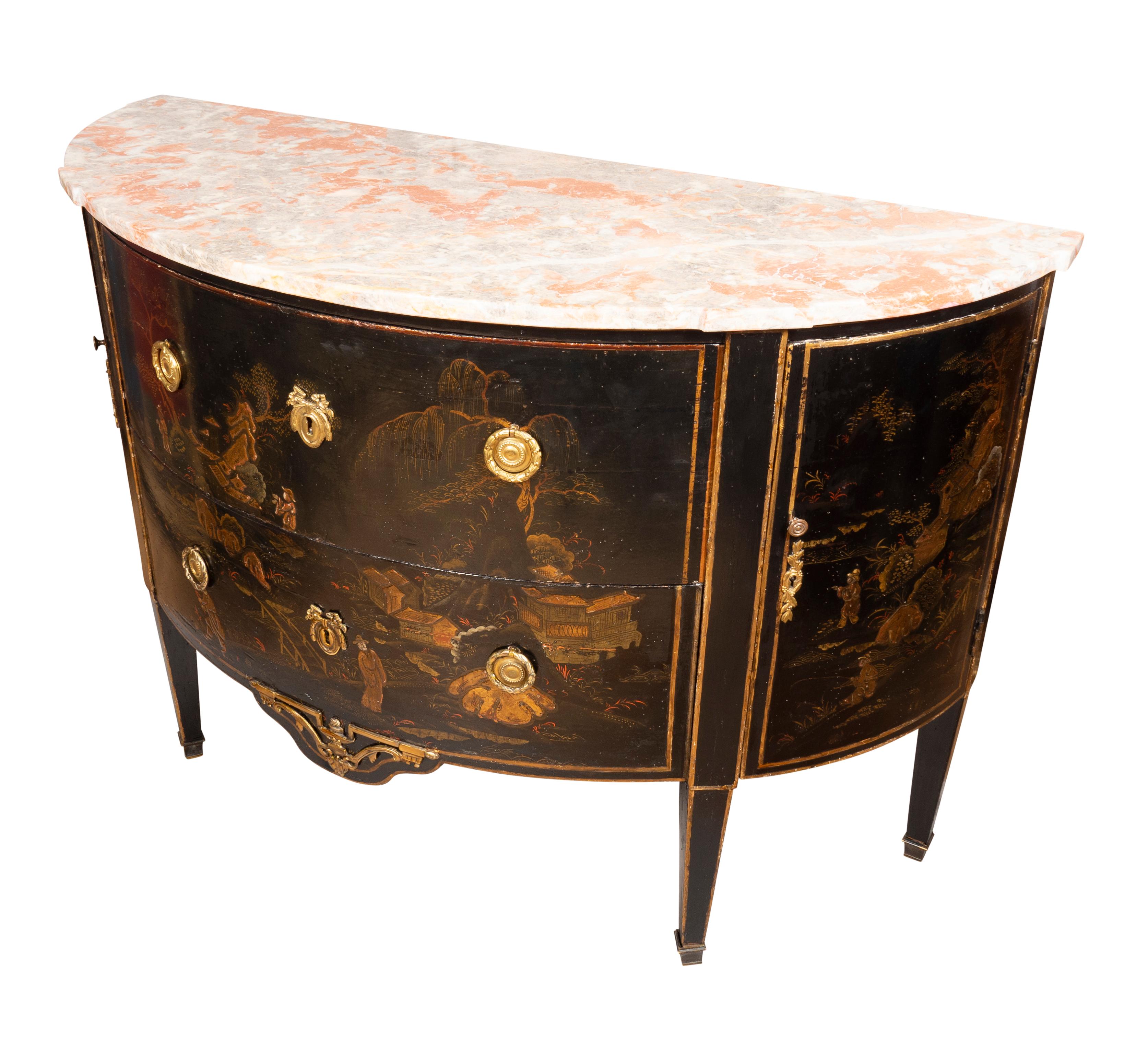 Louis XVI Style Black and Gold Japanned Chinoiserie Demilune Commode For Sale 5