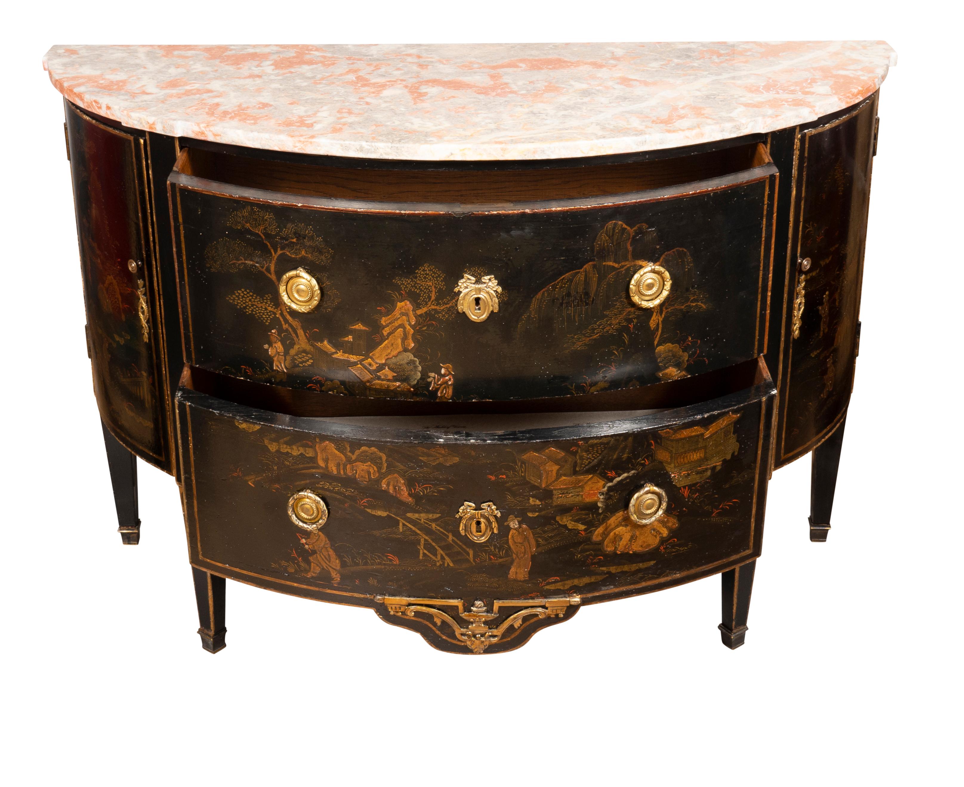 Louis XVI Style Black and Gold Japanned Chinoiserie Demilune Commode For Sale 6