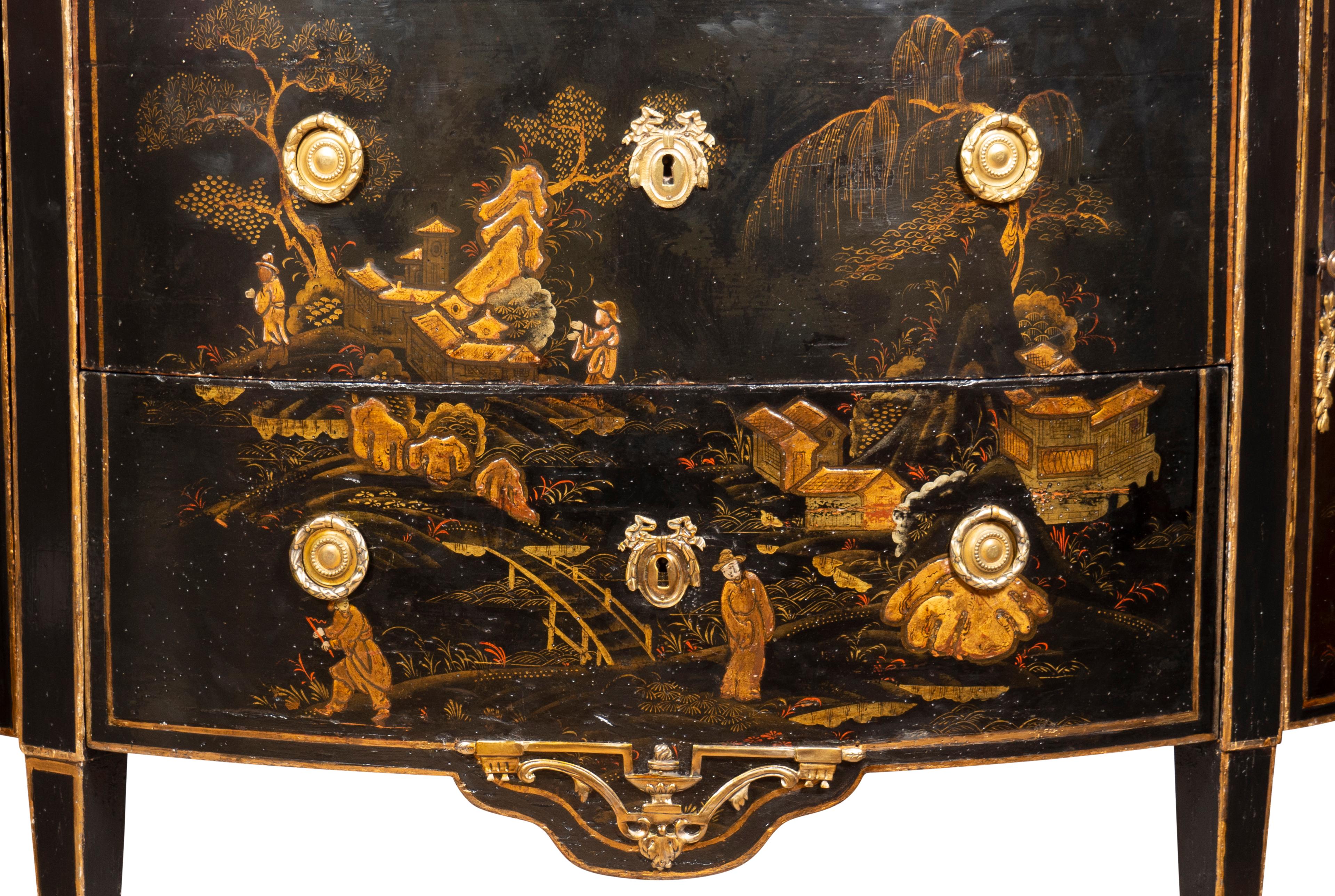 Louis XVI Style Black and Gold Japanned Chinoiserie Demilune Commode For Sale 7