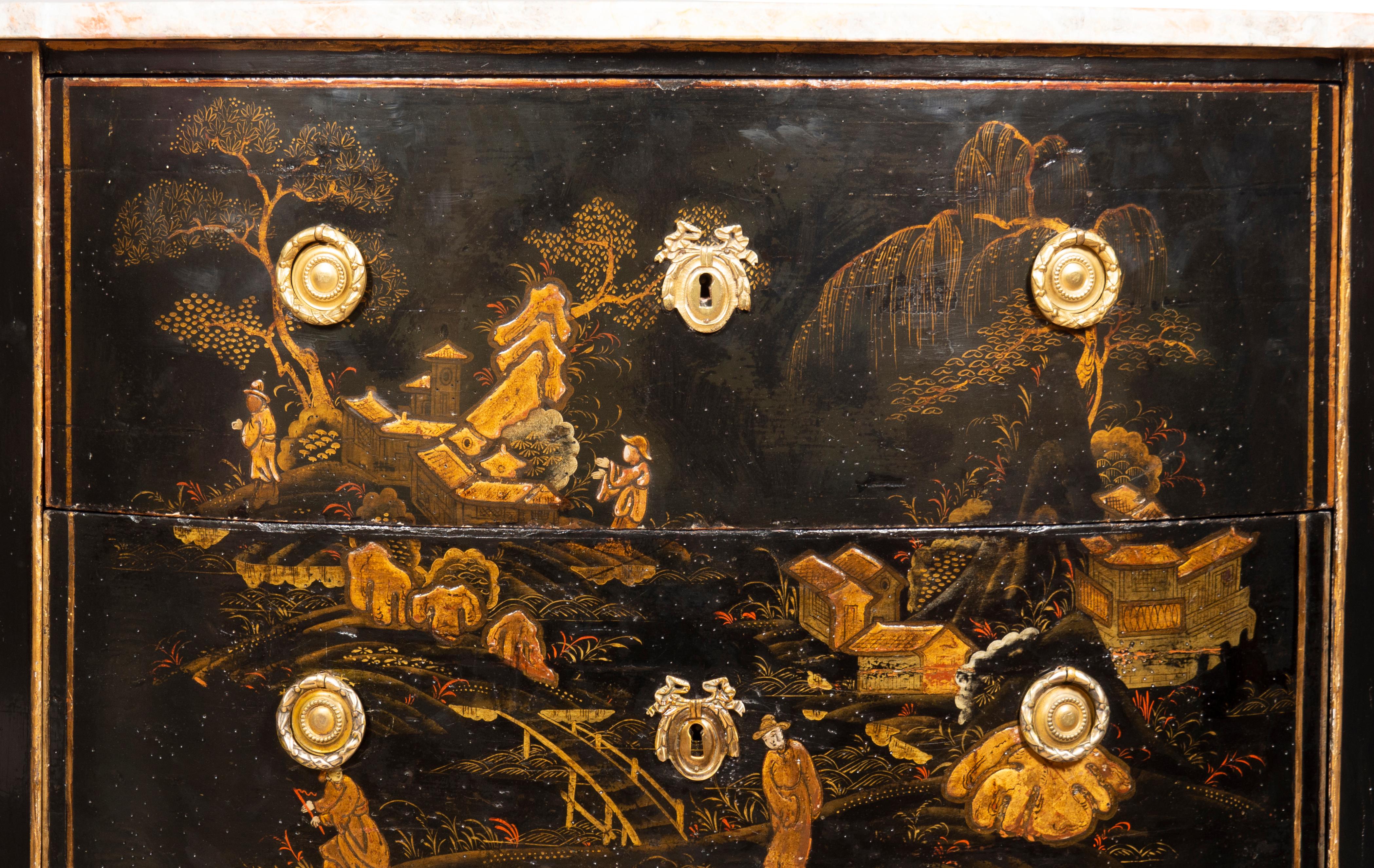 Louis XVI Style Black and Gold Japanned Chinoiserie Demilune Commode For Sale 8