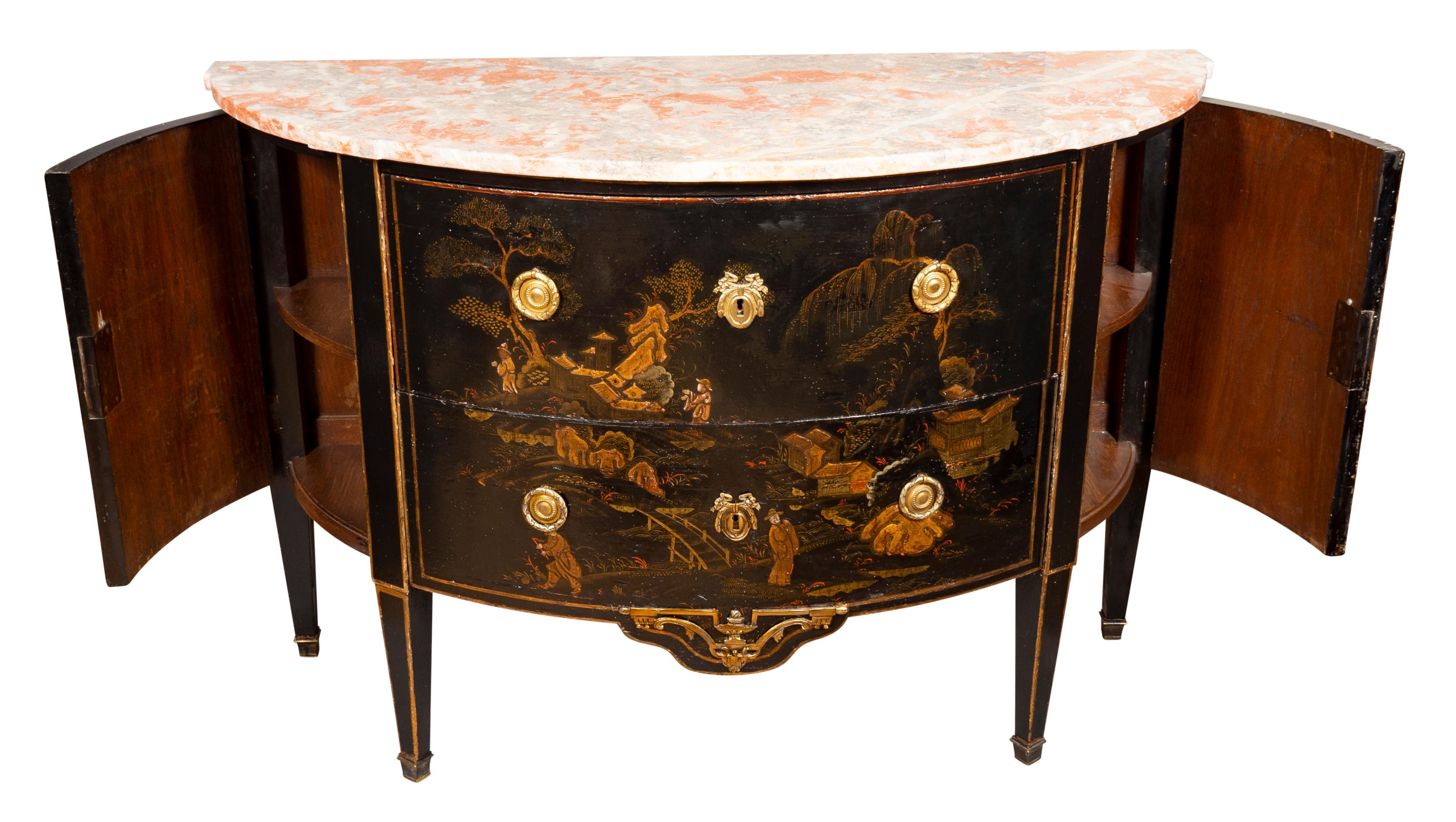 French Louis XVI Style Black and Gold Japanned Chinoiserie Demilune Commode For Sale