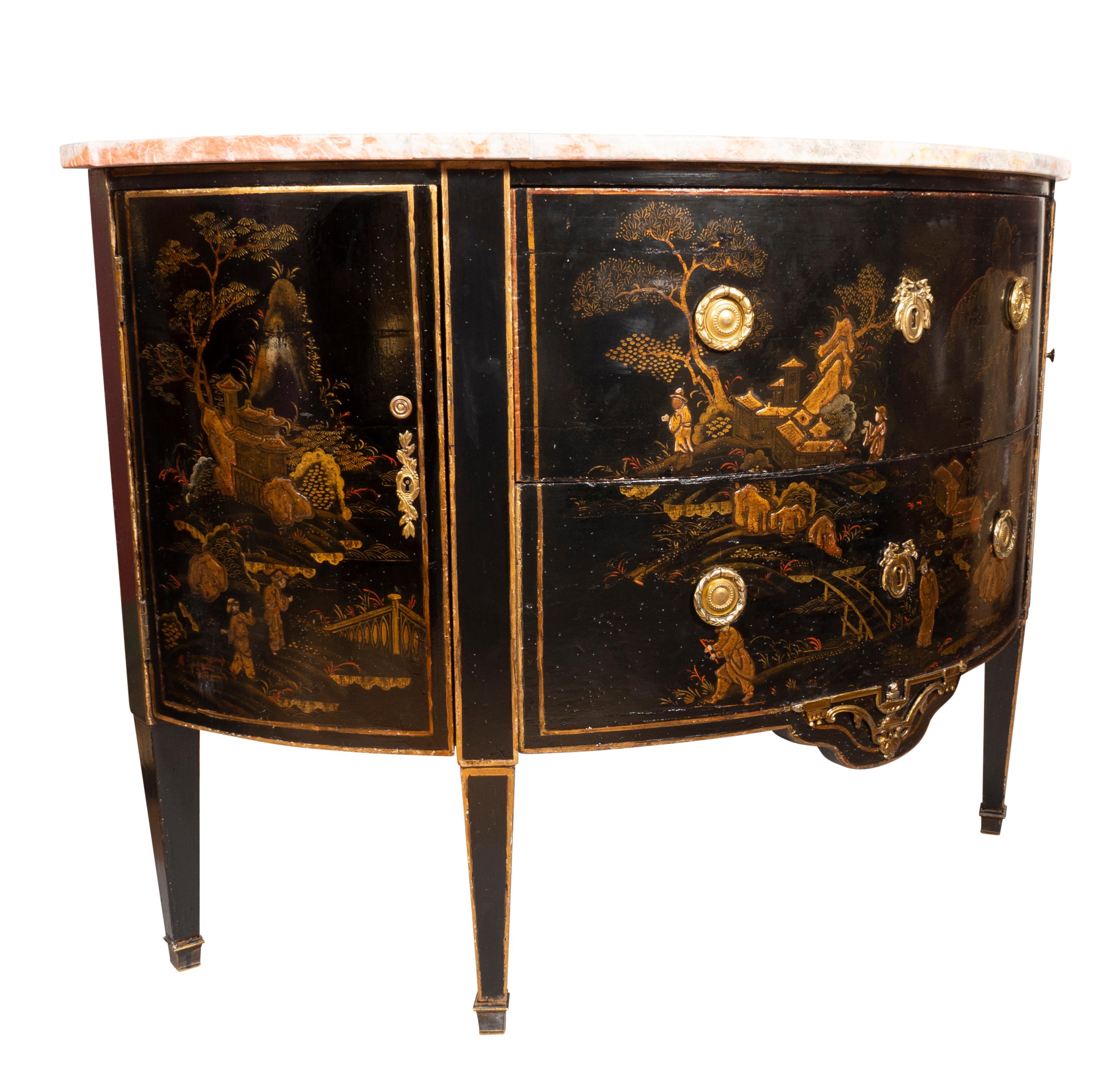 Louis XVI Style Black and Gold Japanned Chinoiserie Demilune Commode In Good Condition For Sale In Essex, MA