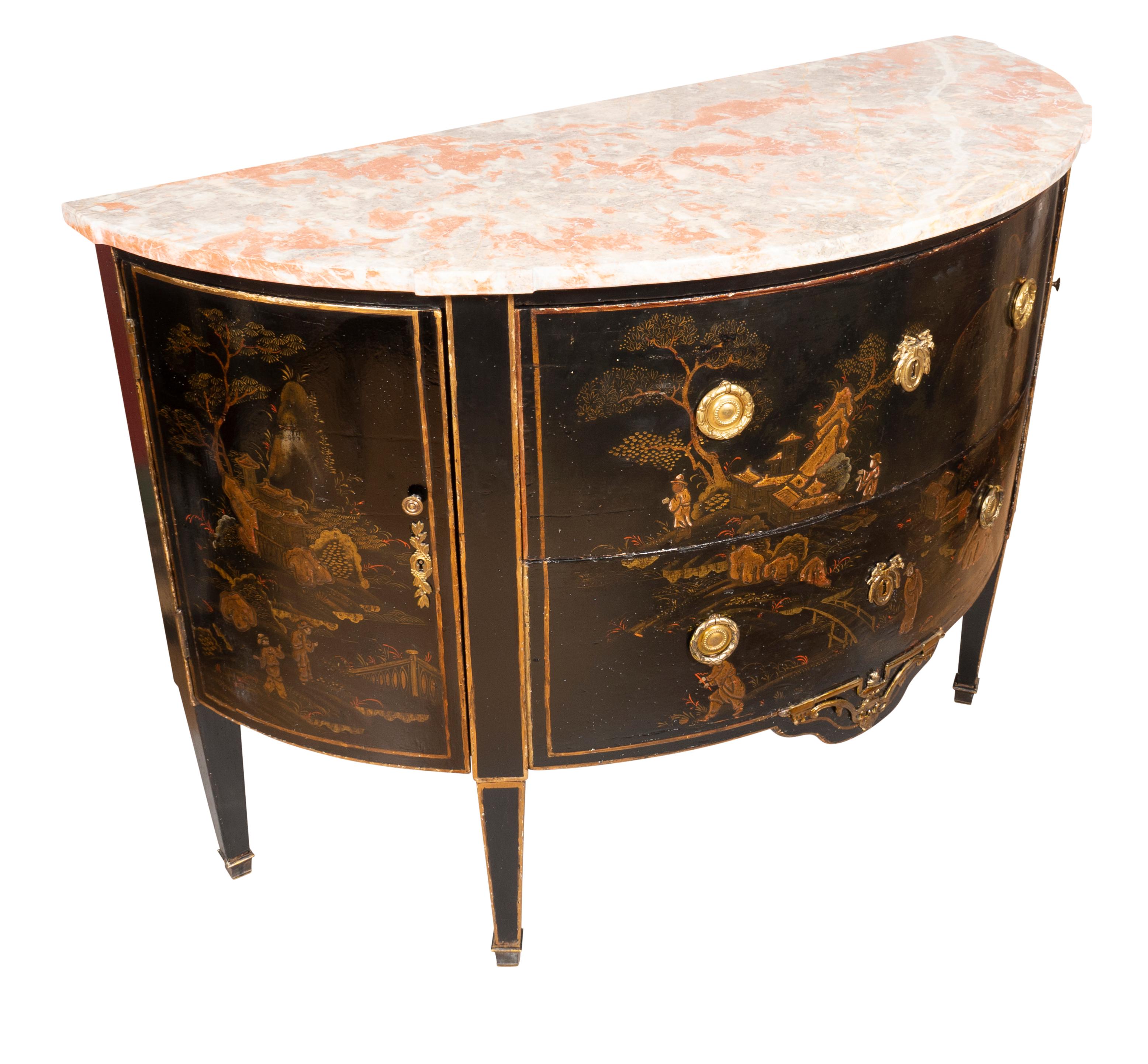 Early 20th Century Louis XVI Style Black and Gold Japanned Chinoiserie Demilune Commode For Sale