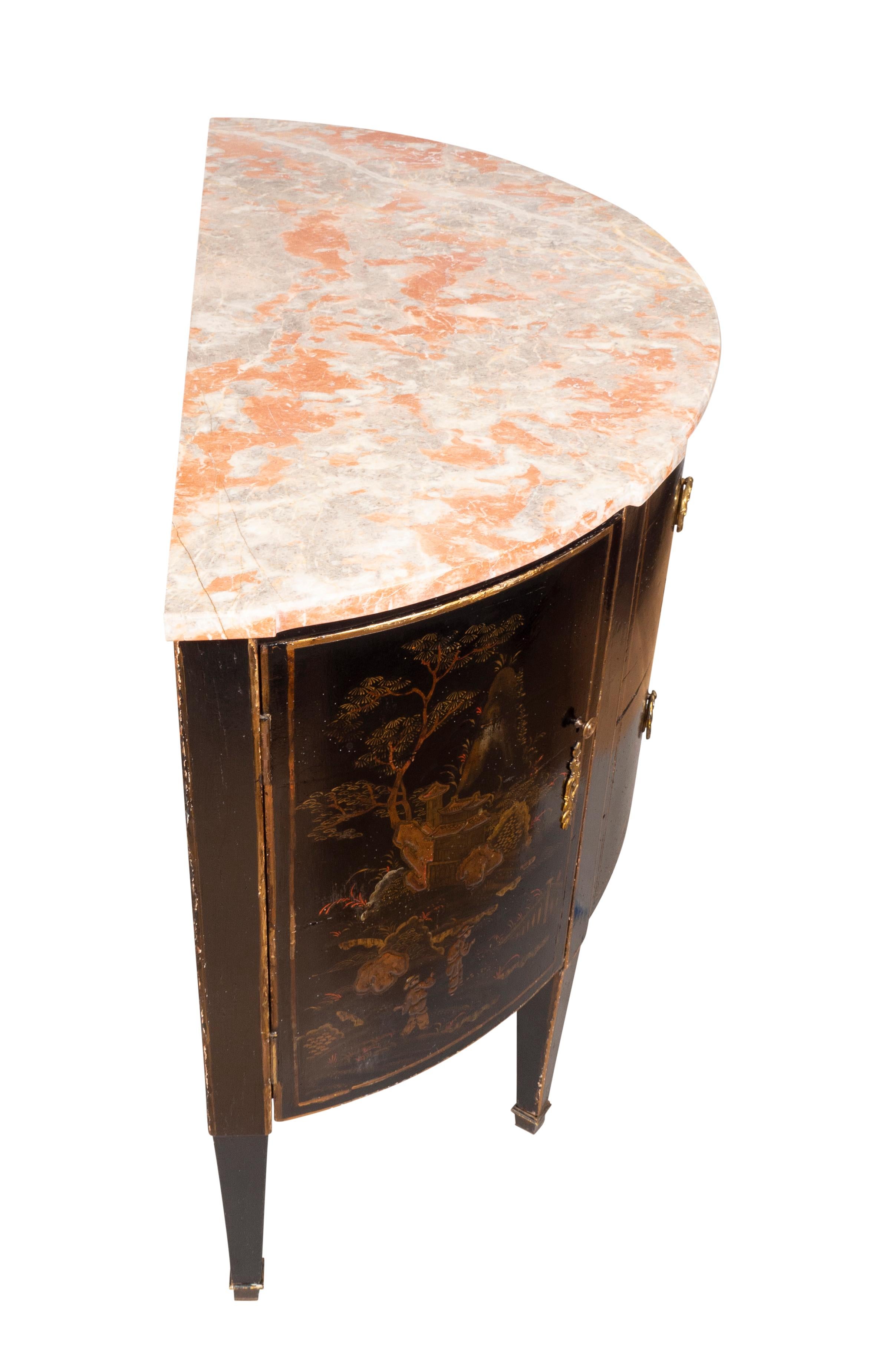 Bronze Louis XVI Style Black and Gold Japanned Chinoiserie Demilune Commode For Sale