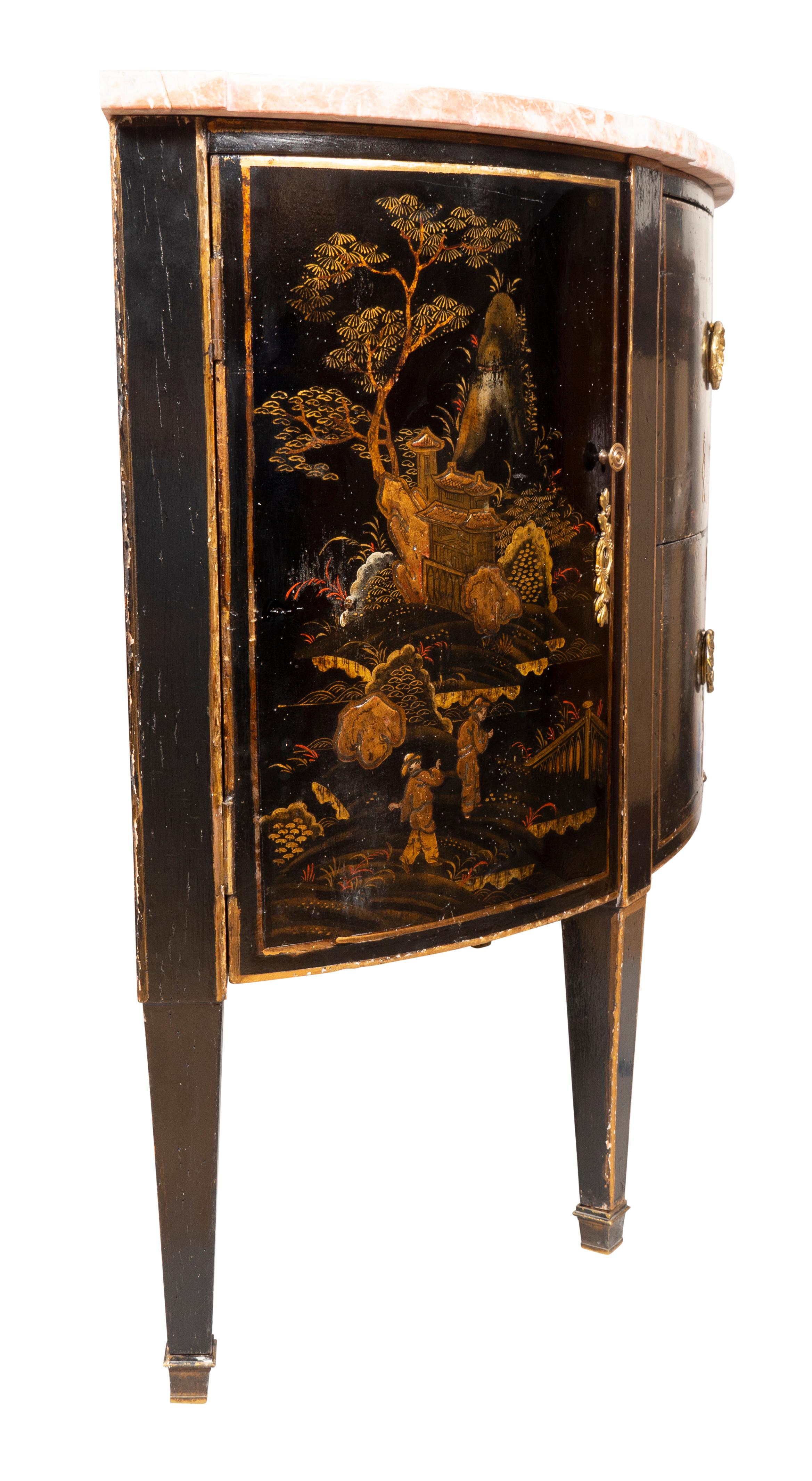 Louis XVI Style Black and Gold Japanned Chinoiserie Demilune Commode For Sale 1