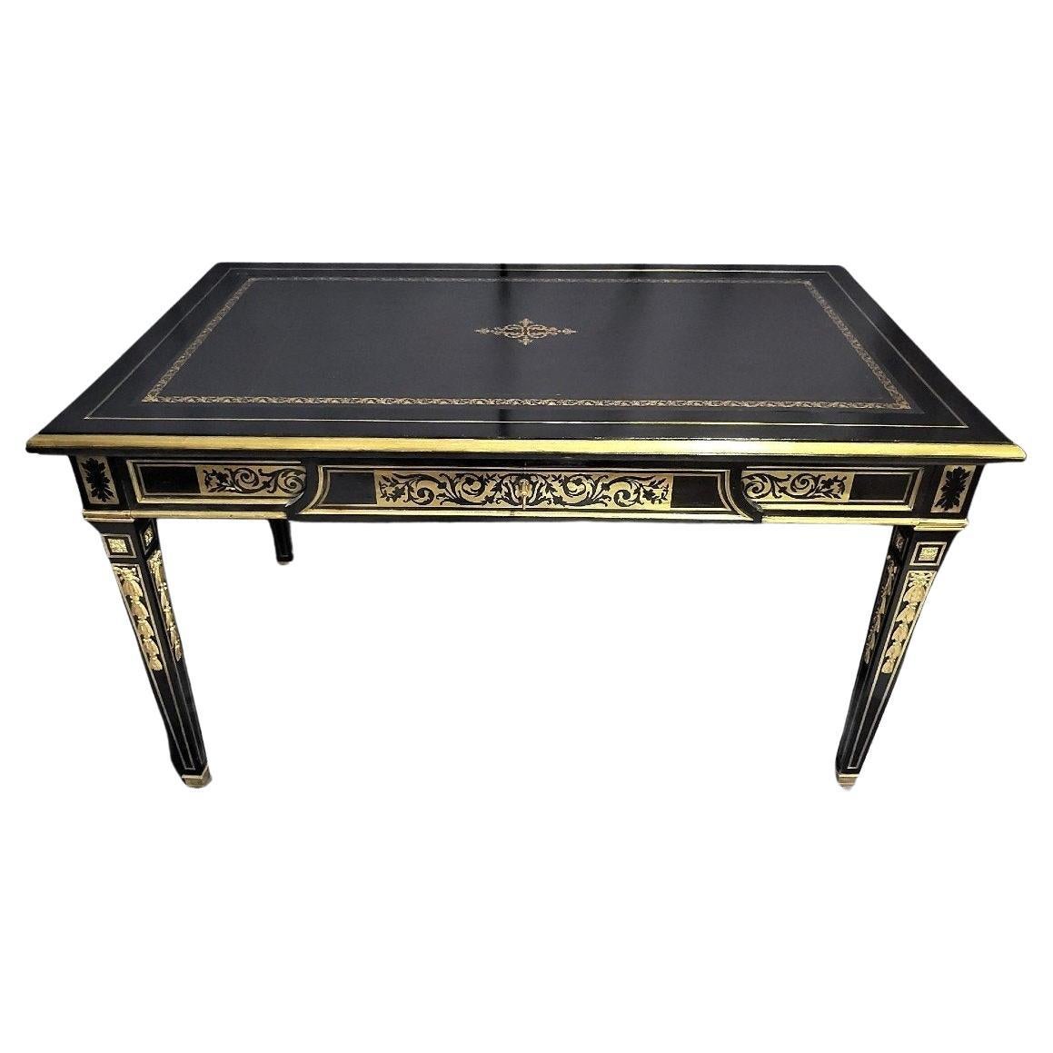 Louis XVI French Black Gilt Bronze Desk Table Boulle 19th Century For Sale