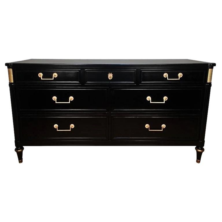 Louis XVI Style Black Lacquered Commode in the Manner of Maison Jansen For Sale
